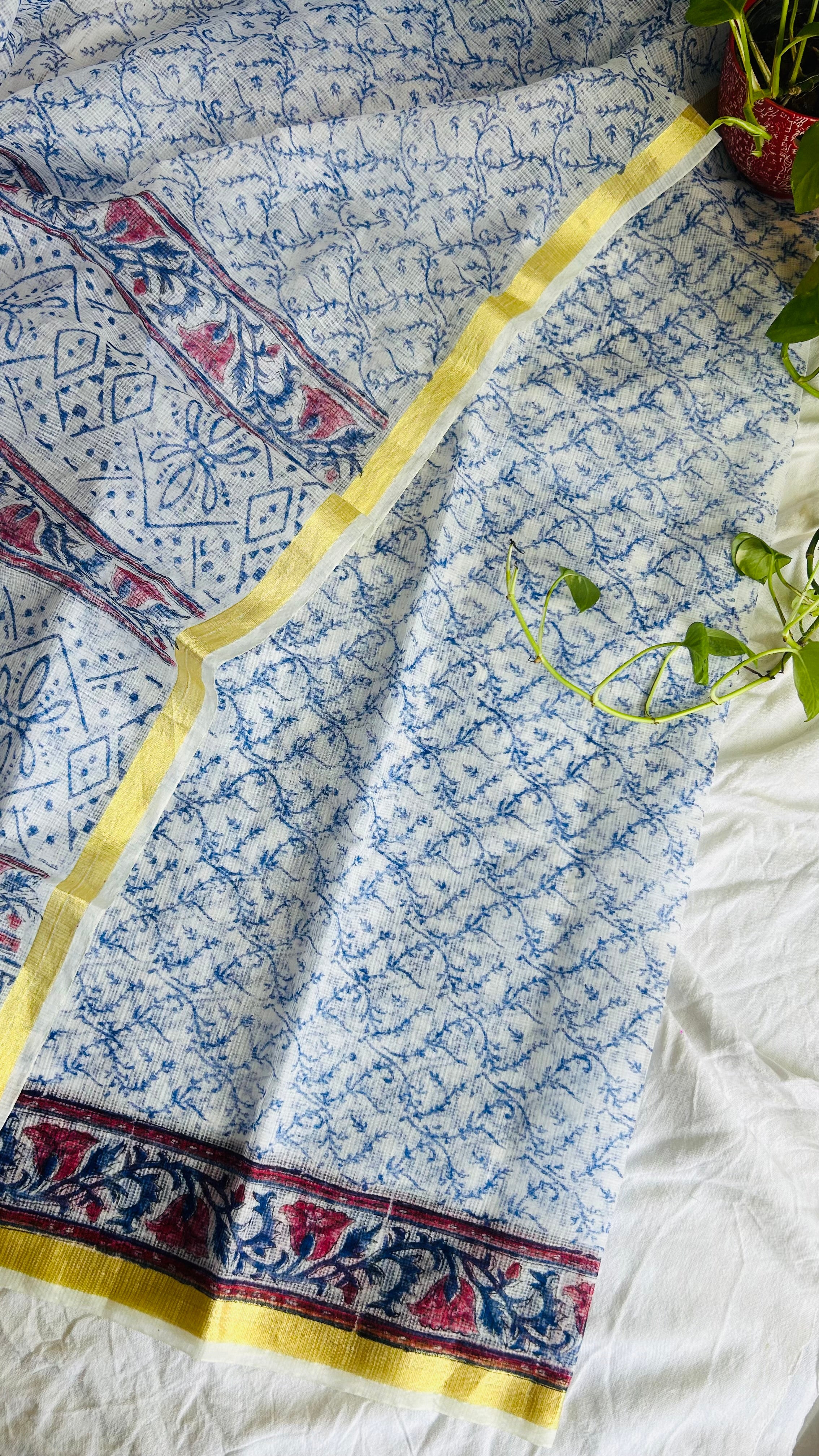Summer Look Kota Doria Hand Block Print Suit In Blue (unstitched)