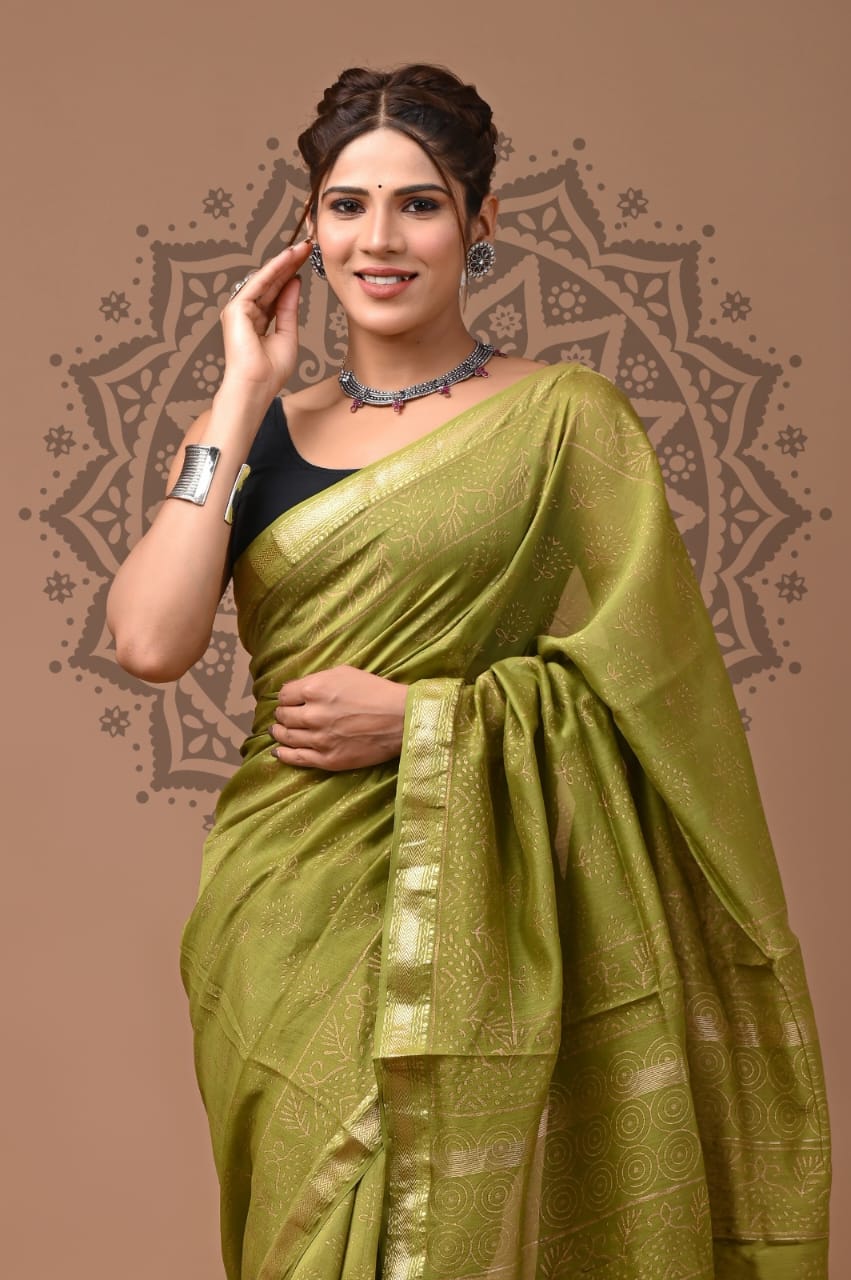 Green Maheshwari Bagru Print Saree