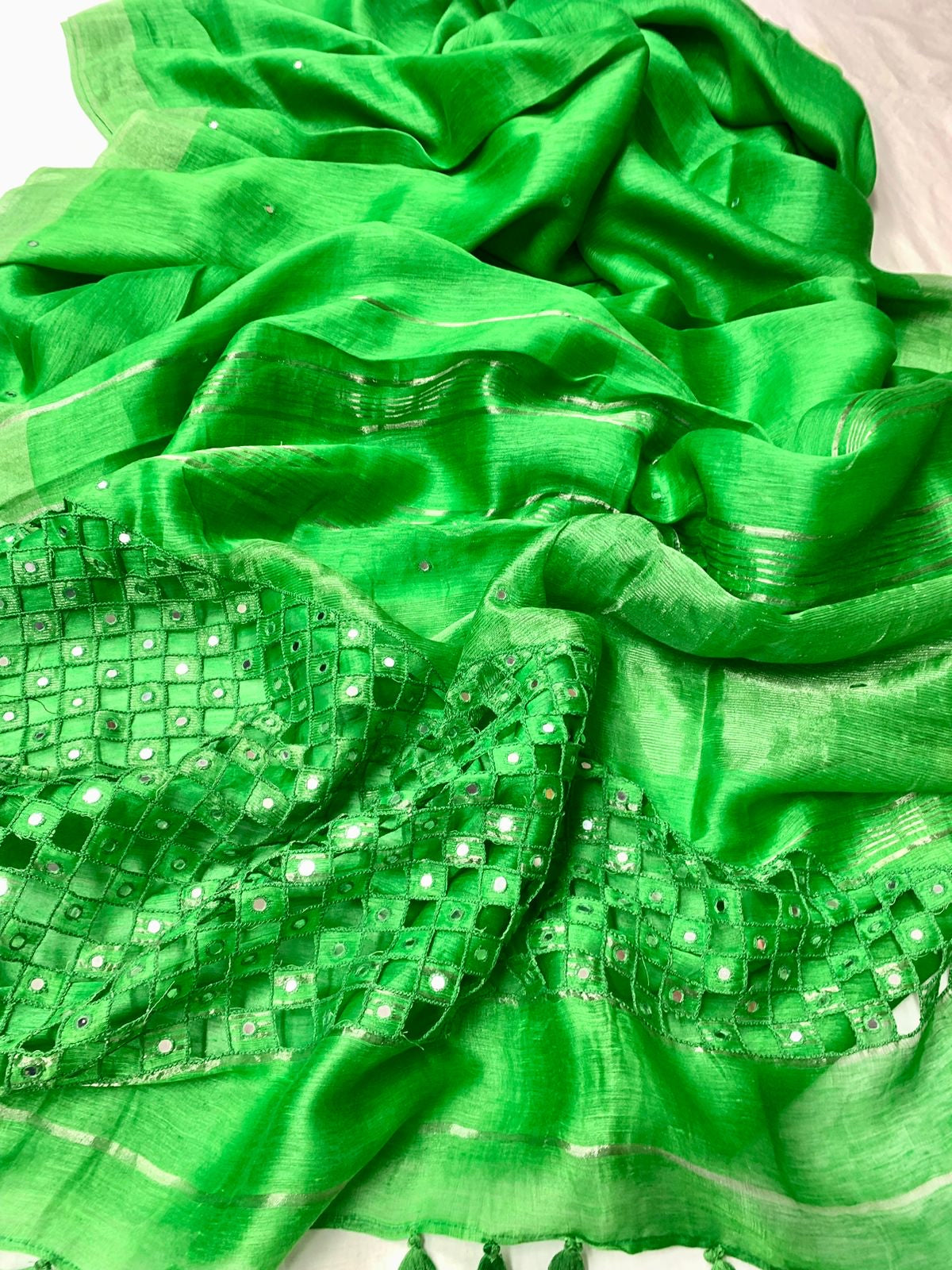 Dark Green Silk Linen Cutwork Saree