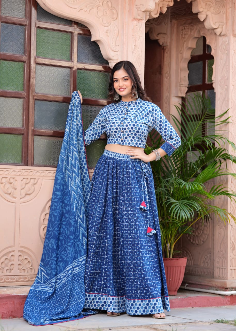 Indigo Print Bagru Flora lehenga choli Set