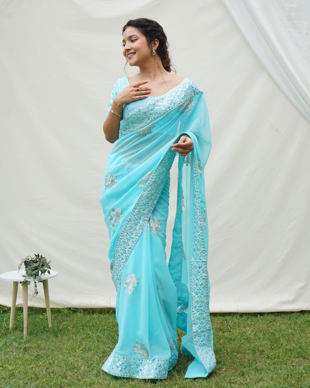 Designer Georgette Saree in Sky Blue and Hot Pink with Gota Patti and Tikki  - Rana's by Kshitija