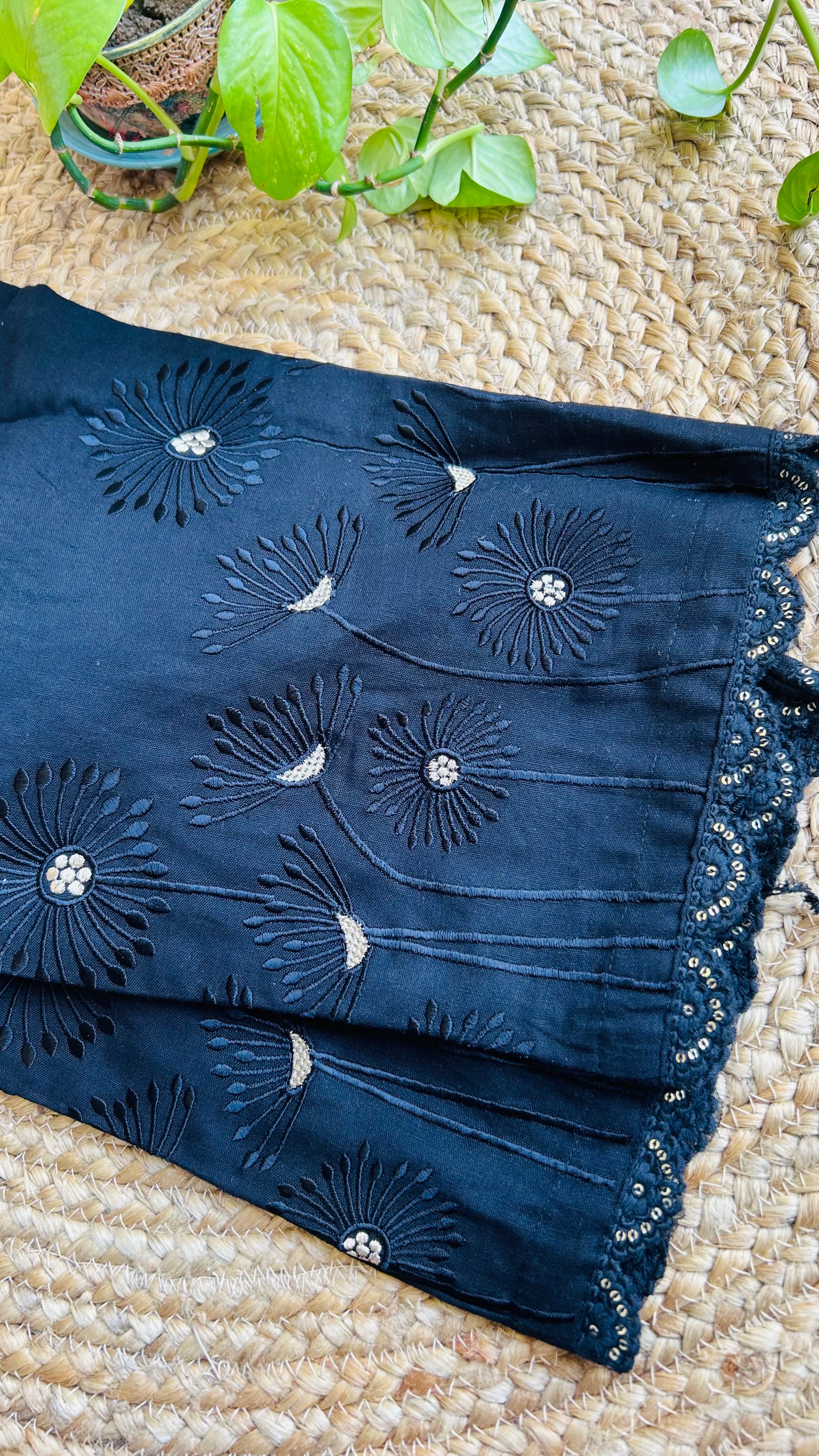 Avika Black Flower Embroidery Straight Pant In Cotton For Women