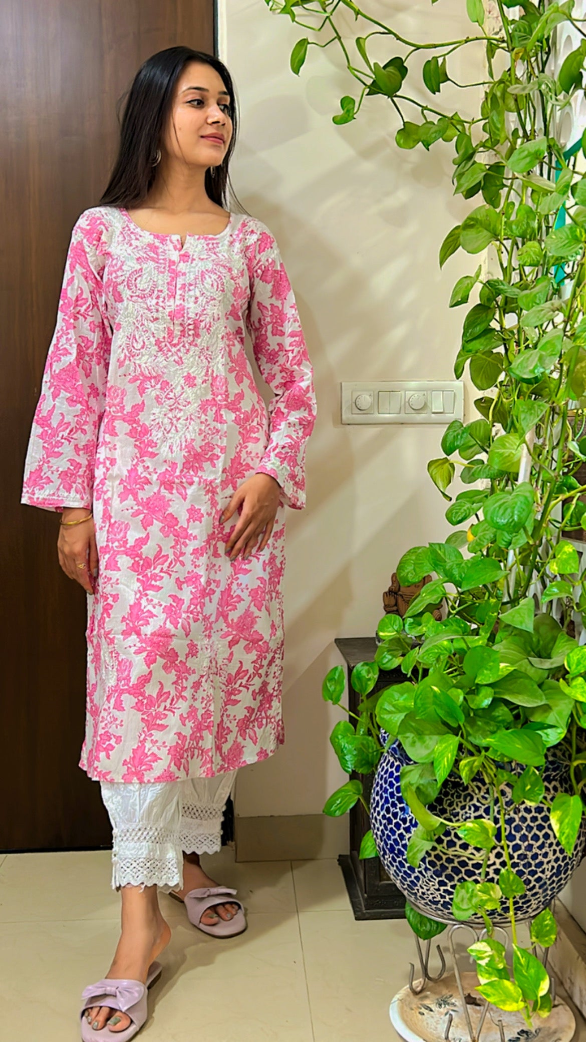 Mul mul cotton lucknowi chikankari kurti and afghani set in pink floral