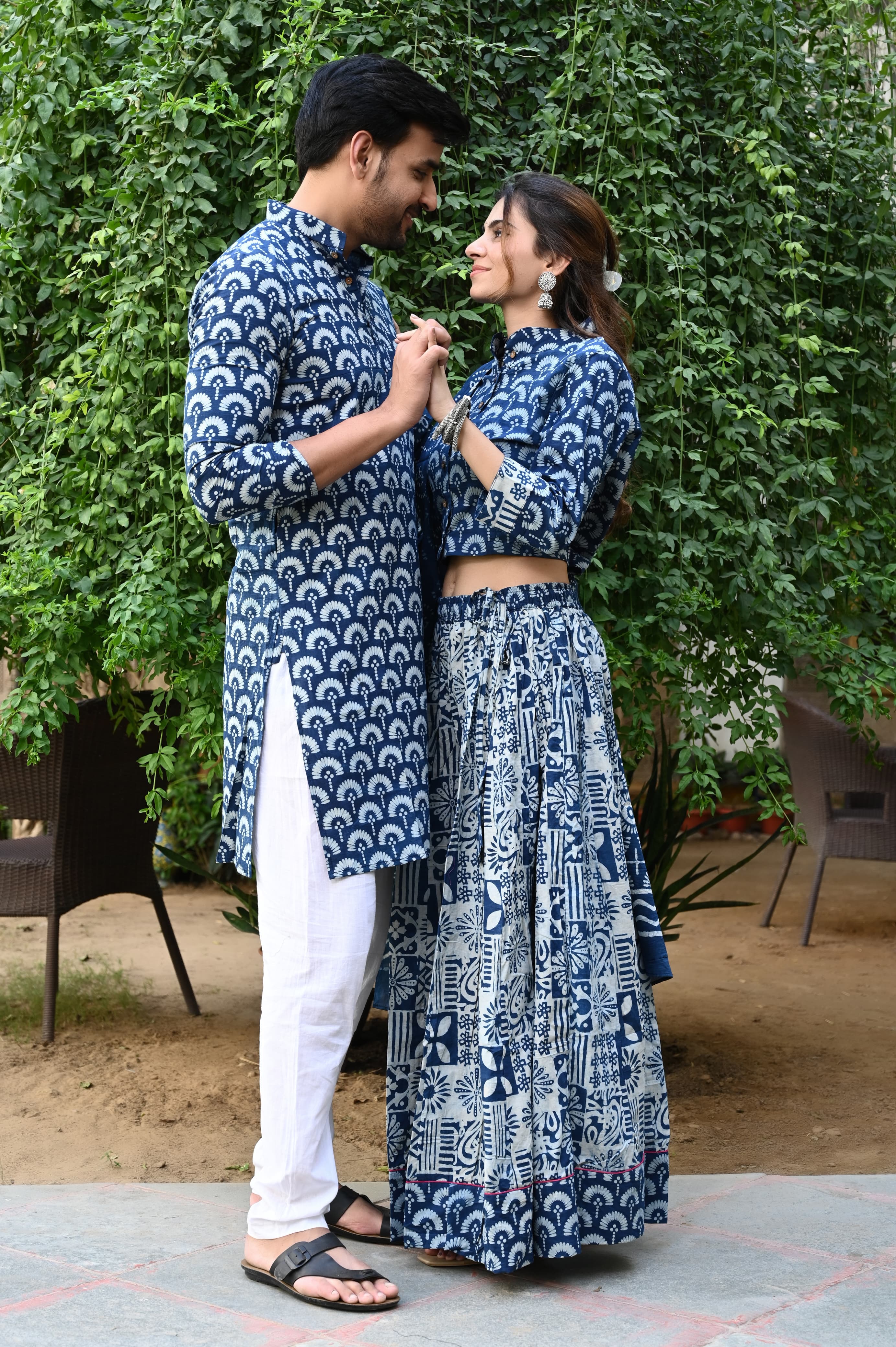 Indigo Pure Cotton Twinning Couple Set In Block Print