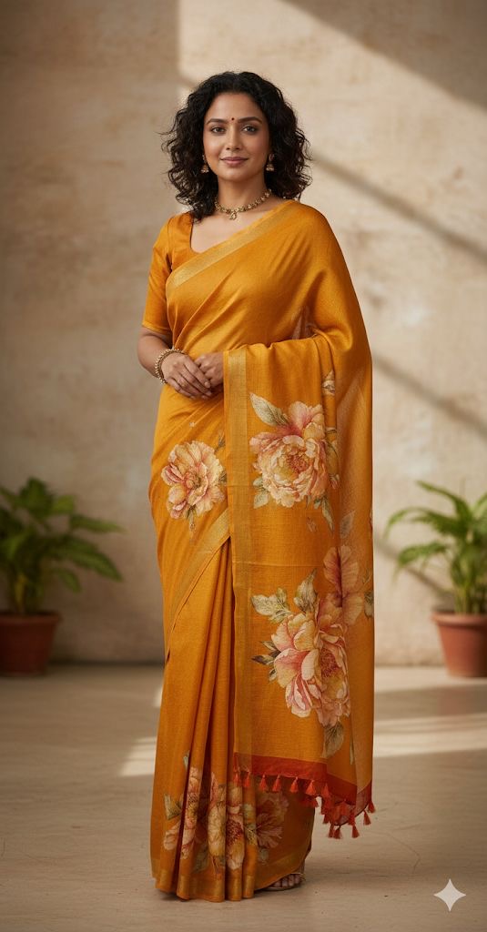 Orange Floral Pure Linen Saree