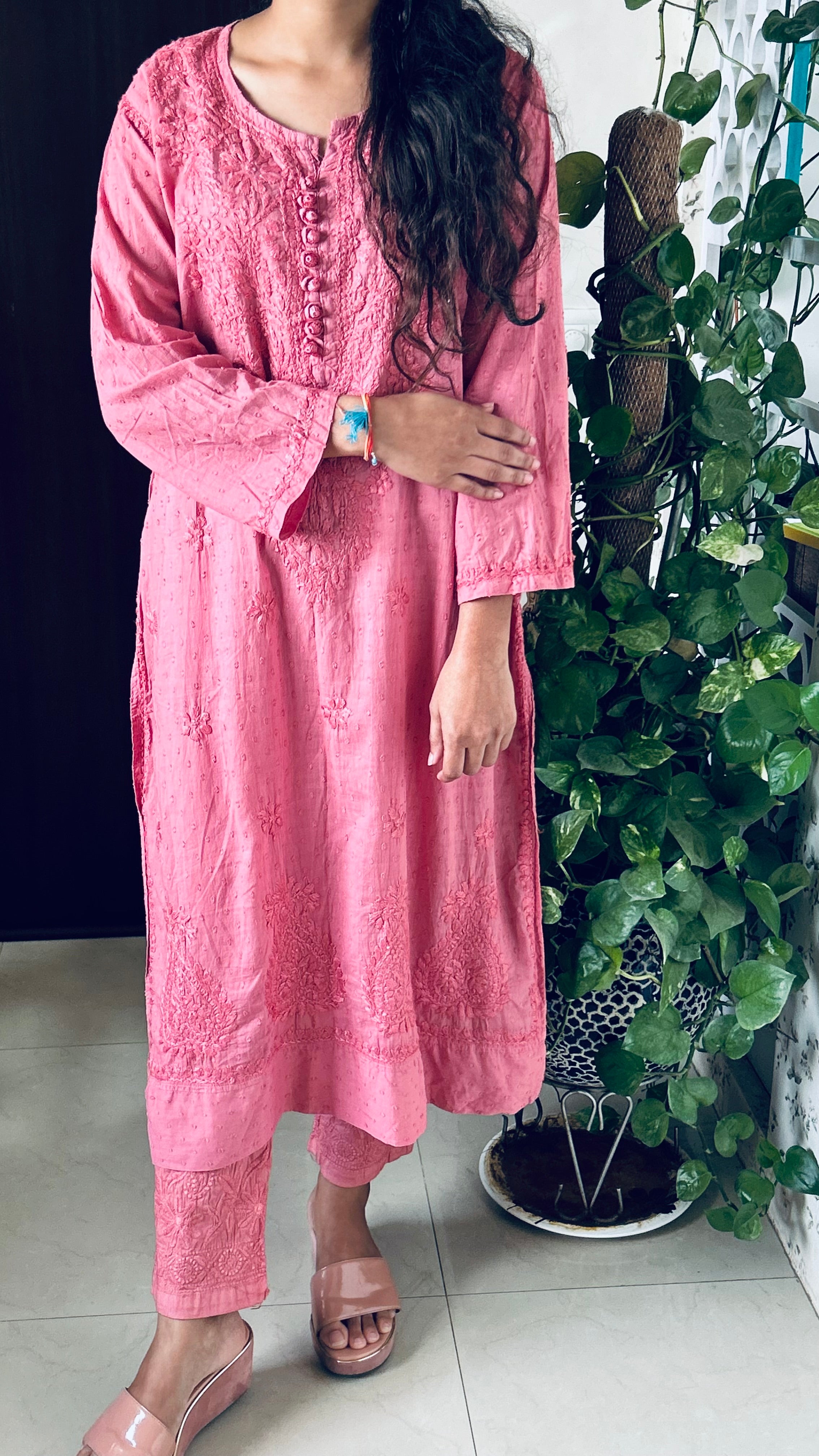 Baby Pink Chikankari Kurti Pant Set