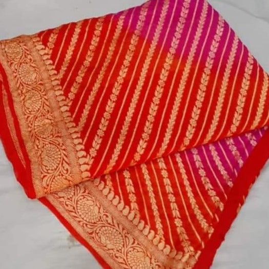 Traditional Print Red-Pink Banarasi Meenakari Saree