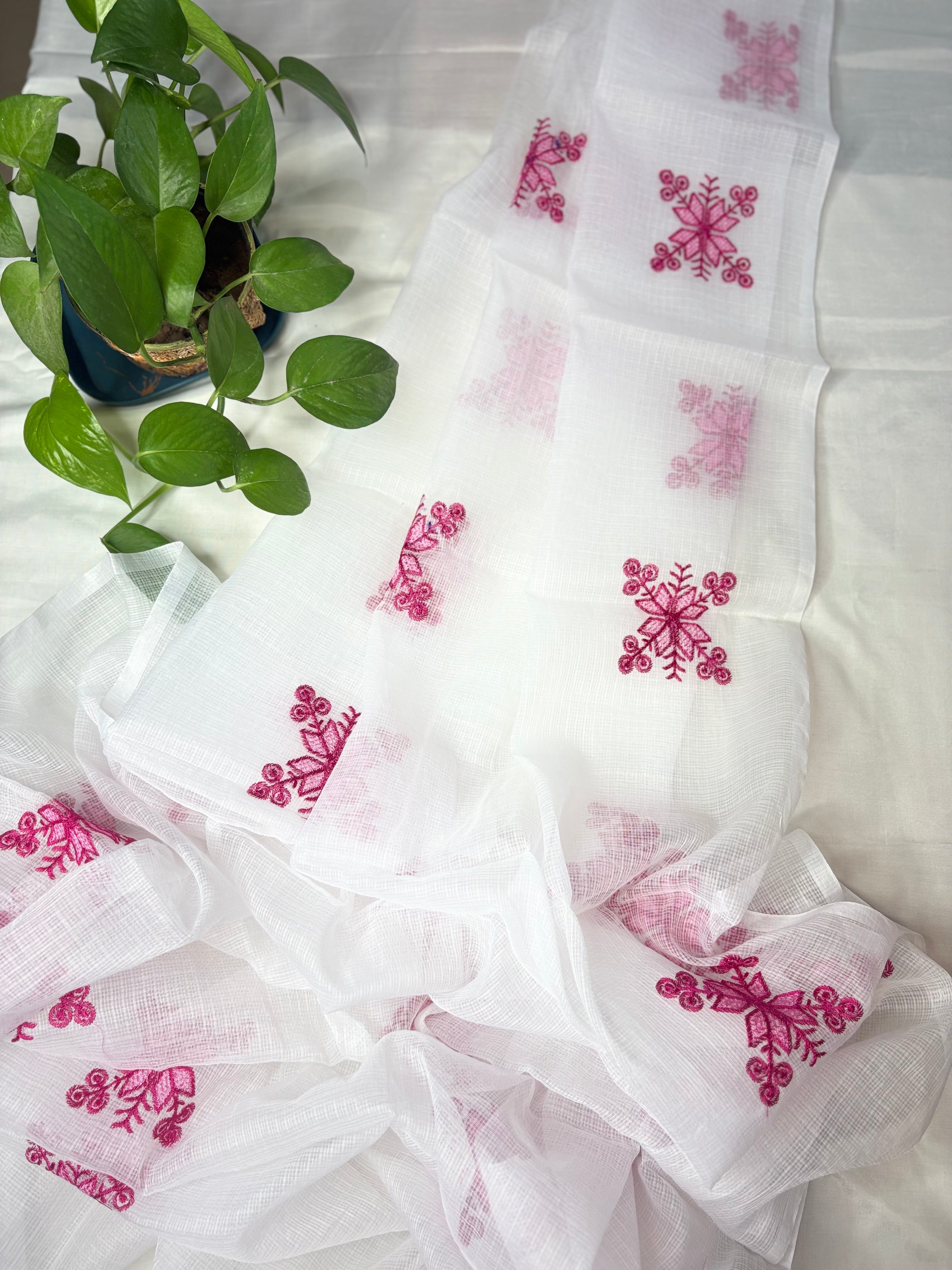 Chanda- Beautiful Kota Doria Suit In white Colour With pink Embroidery Work