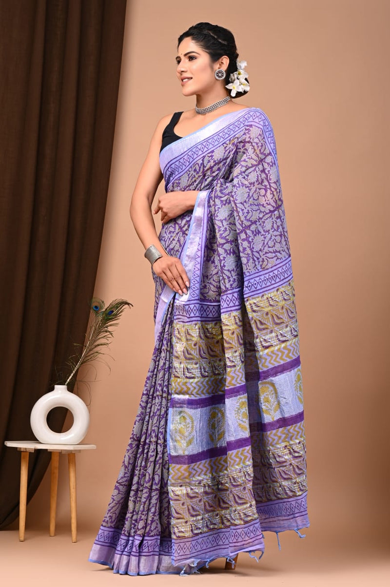 Purple Pure Linen Saree