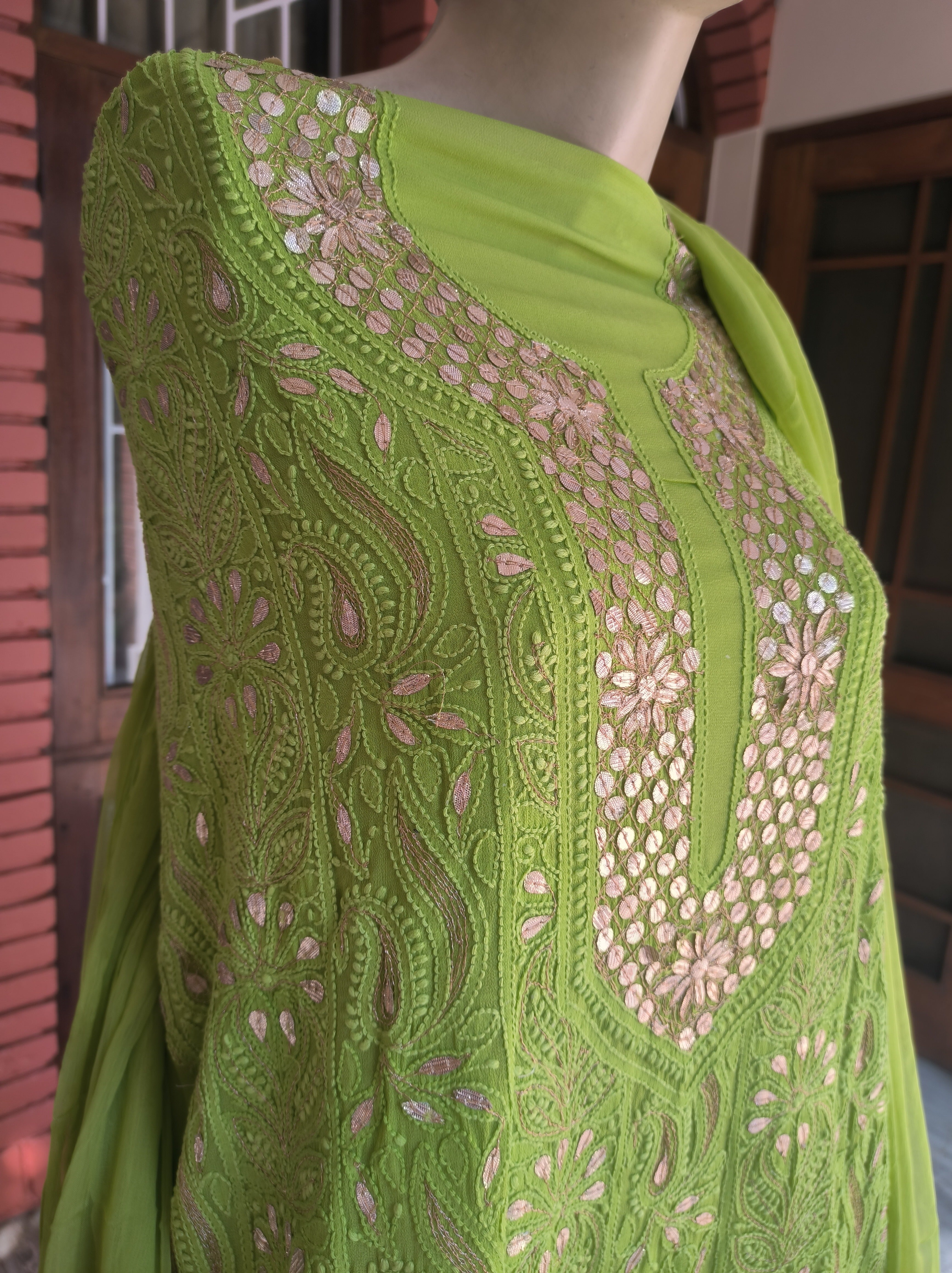 Green Lucknowi Chikankari Gota Patti Salwar Suit(Dress Material)