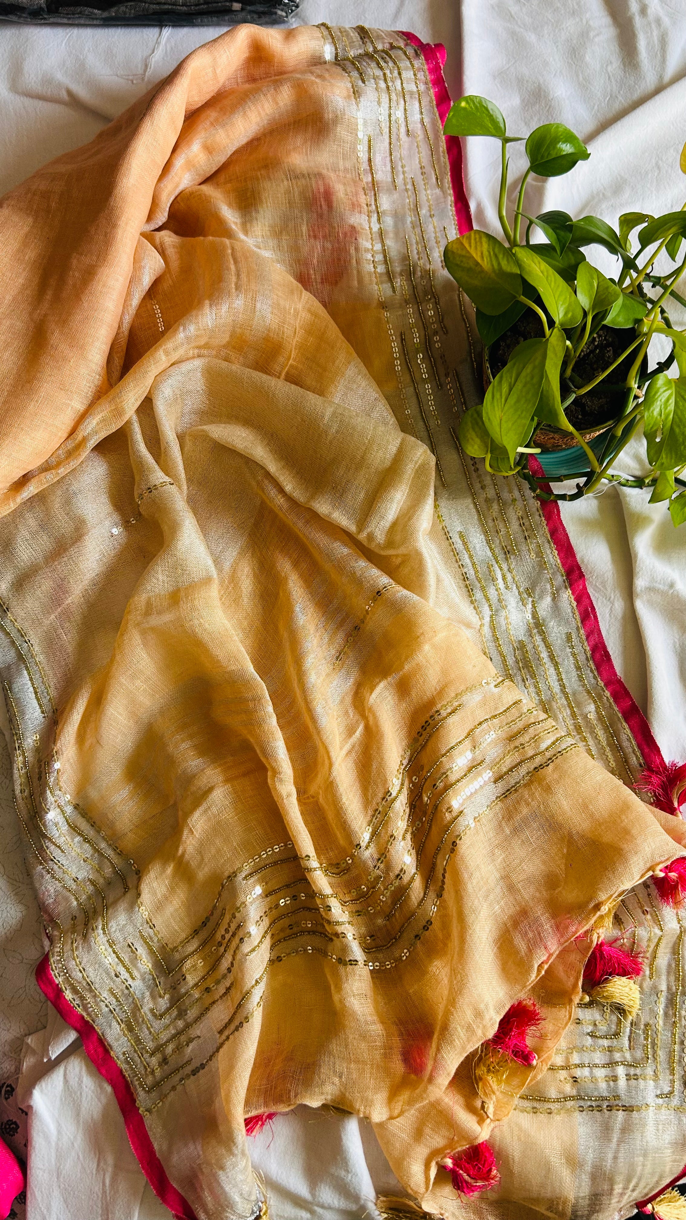 Light Peachish Orange  Linen Sequence Embroidered Saree