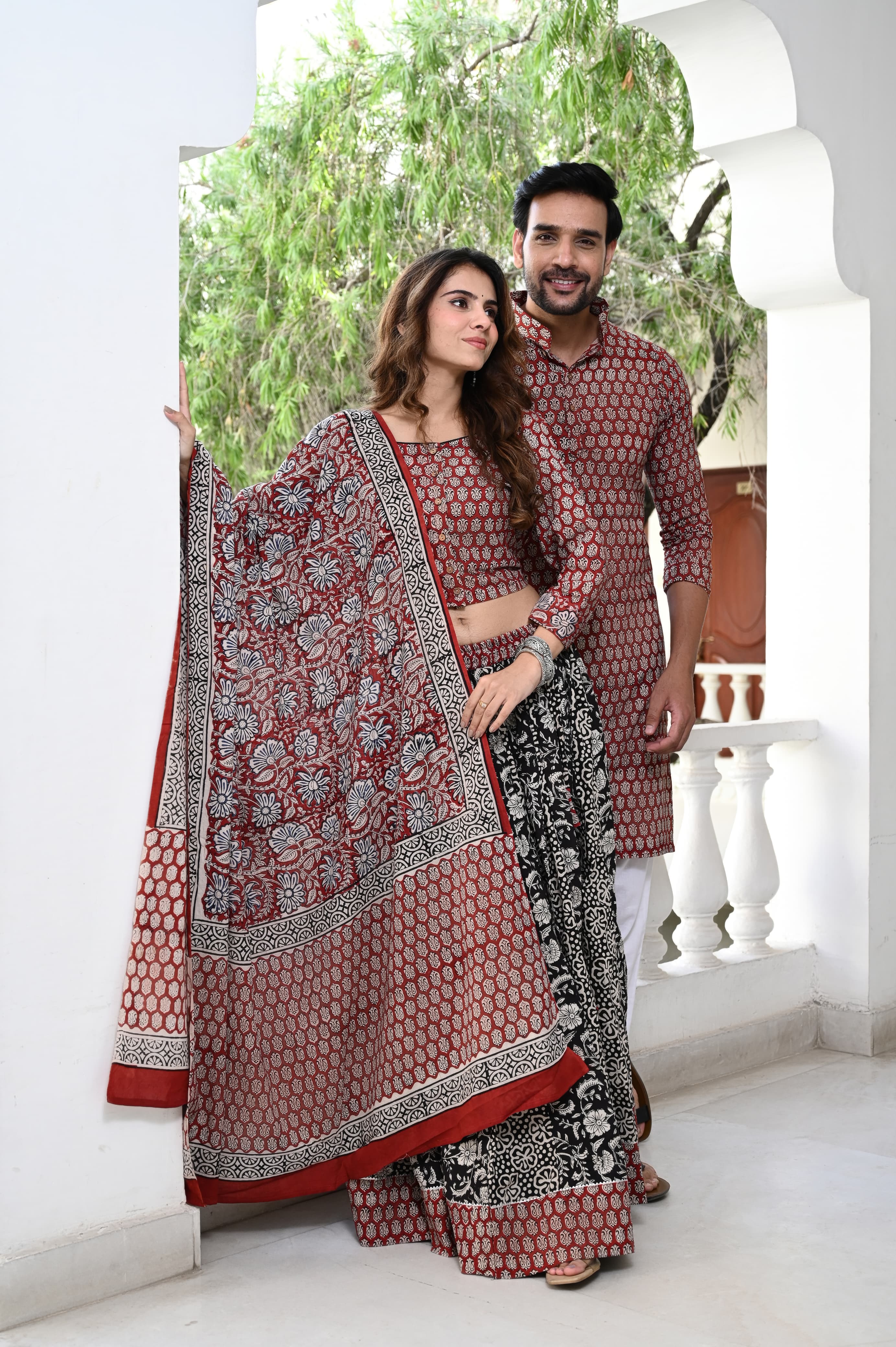 Black And Red Pure Cotton Twinning Couple Set In Block Print