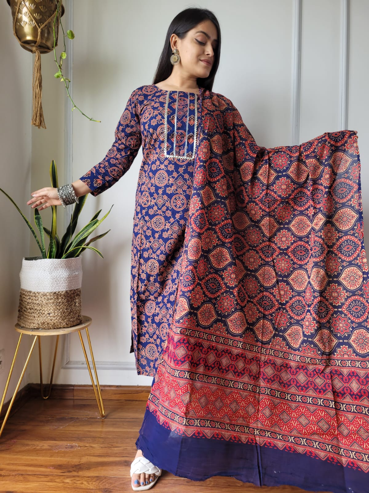 Red Blue Block Print Suit Set With Dupatta