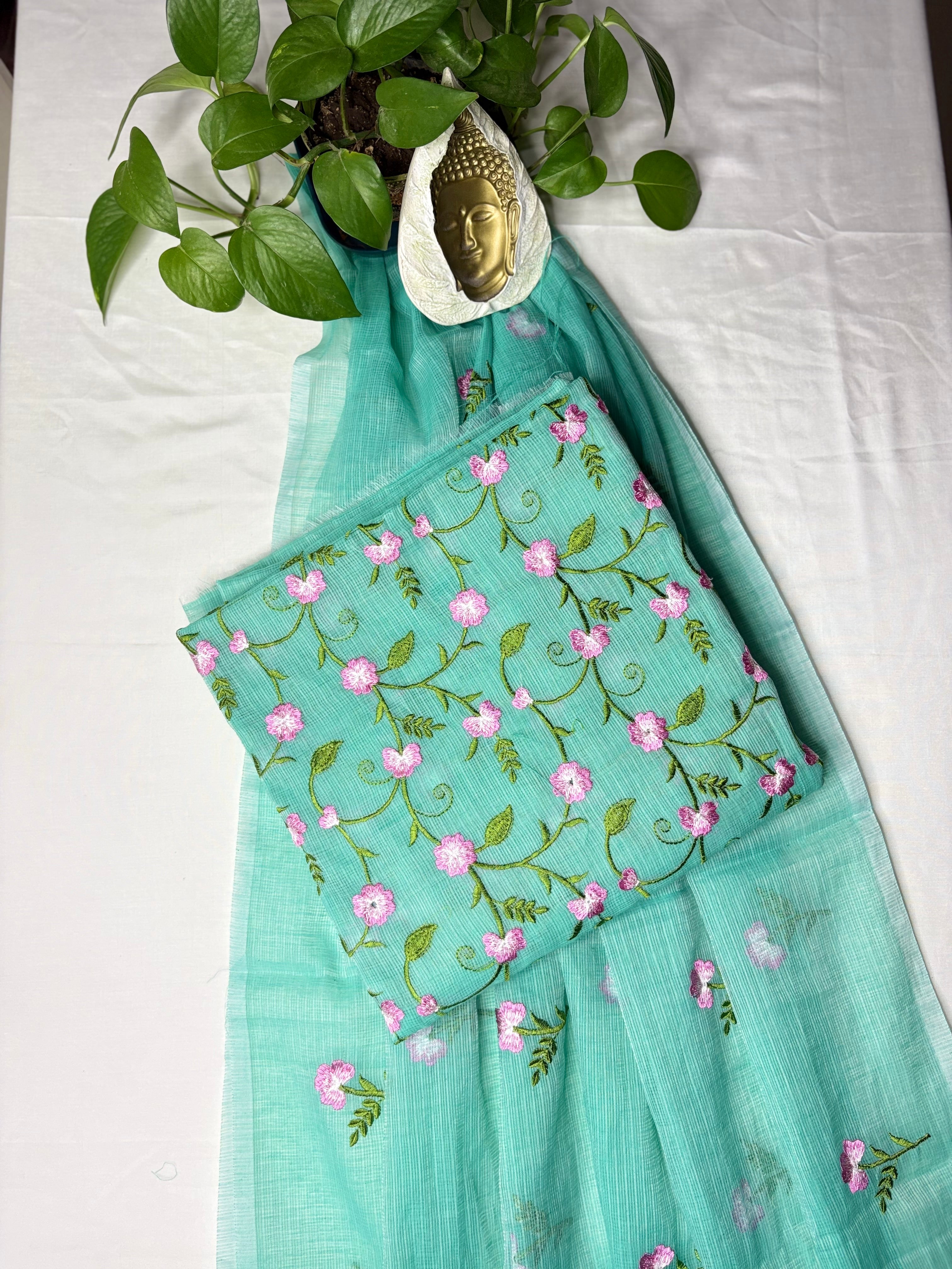 Roopsundari- Kota Doria Embroidered Suit Set In Sea Blue