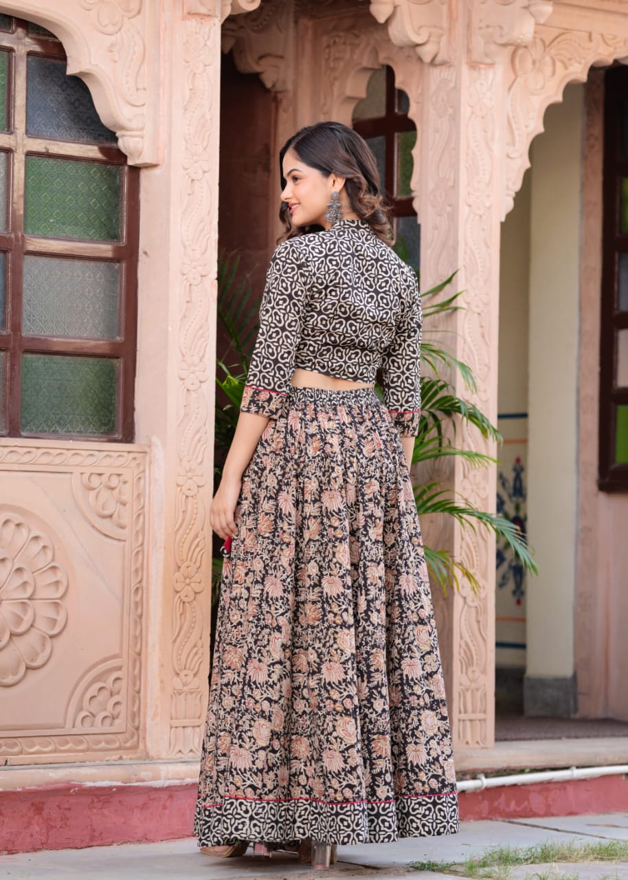 Black Block Print Flora lehenga choli Set