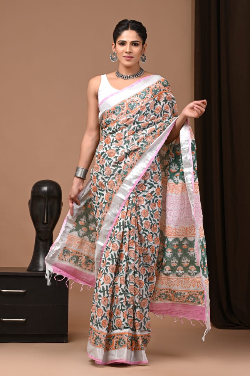 Green Pure Linen Saree