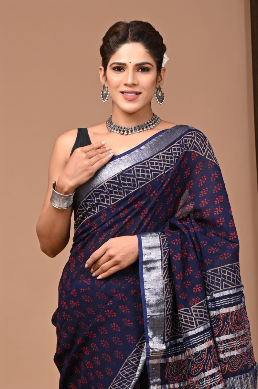 Blue Block Print Linen Cotton Saree