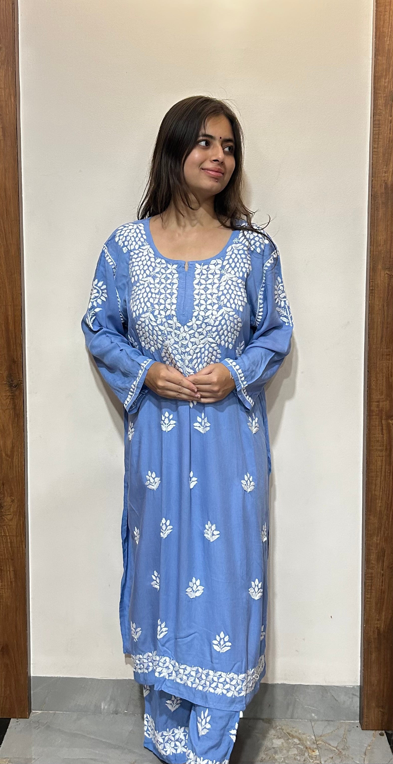 Denim Blue Chikankari Kurti Plazaao Set In Rayon