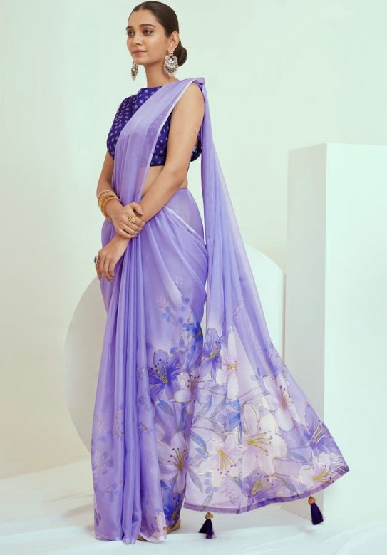 Trendy Party Look Floral Printed Organza Saree In Lavender Color