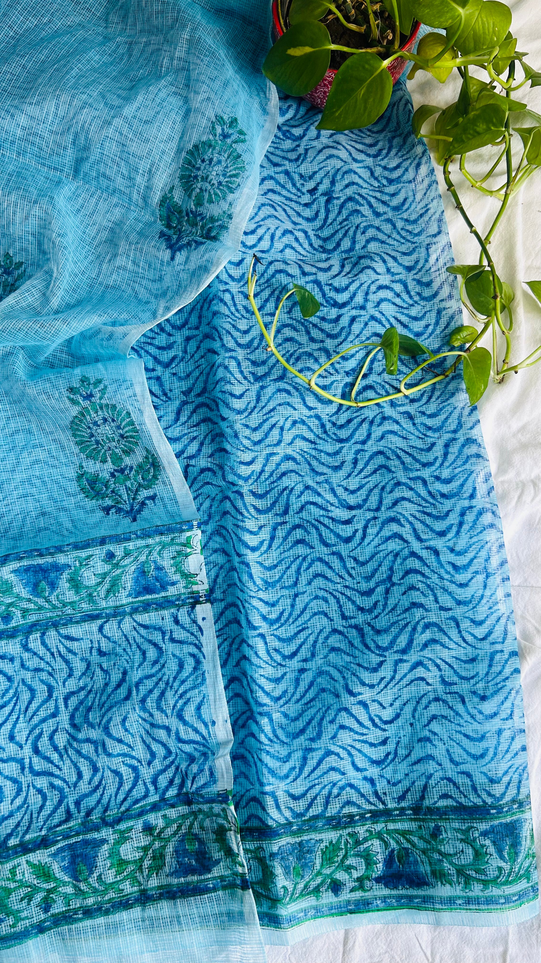Summer Look Kota Doria Hand Block Print Suit In Blue (unstitched)