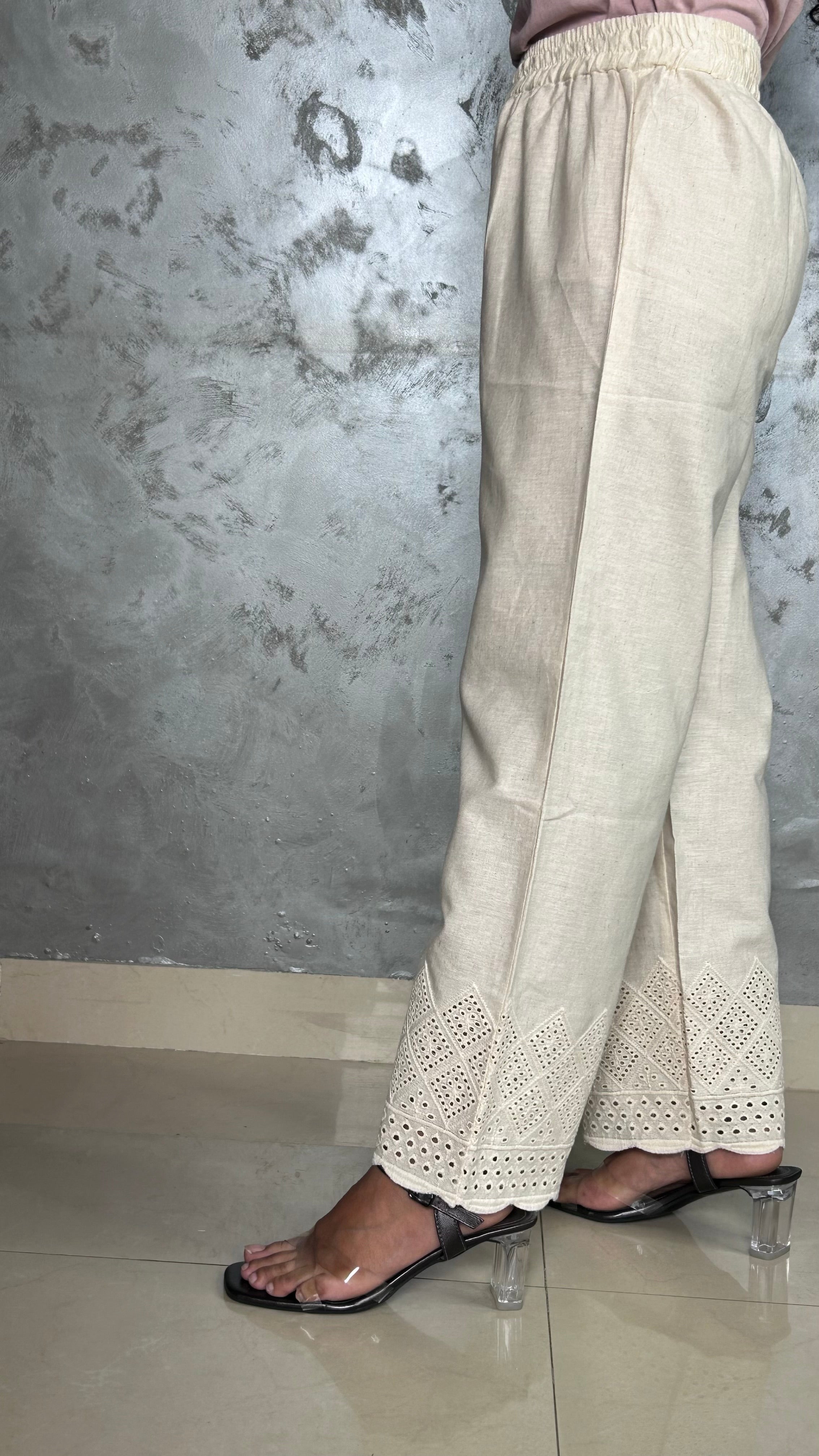 Pakistani Cut Work Cream Straight Pant In Khadi Cotton