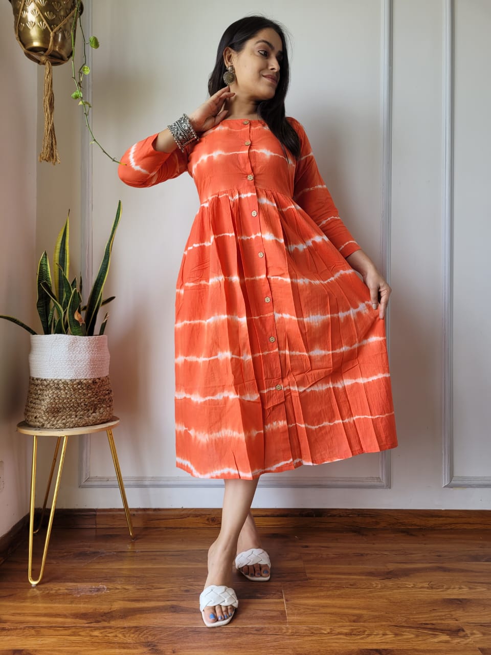 Orange Leheriya Cotton Rakhi dress