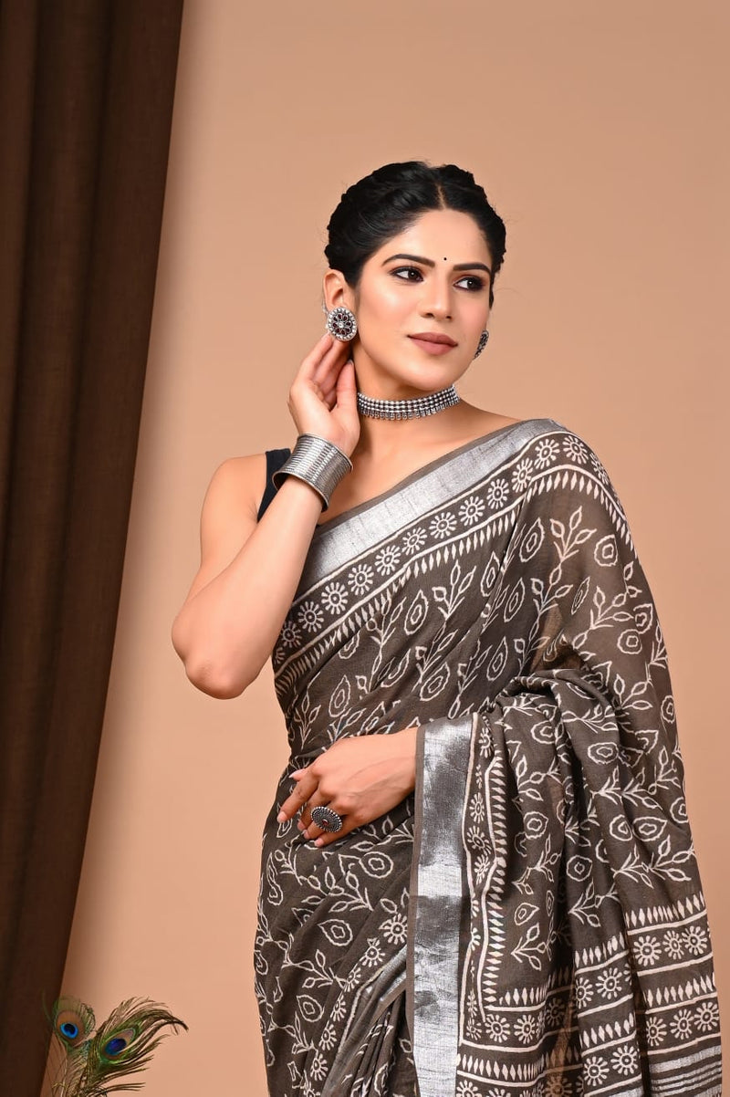 Brown Pure Linen Saree