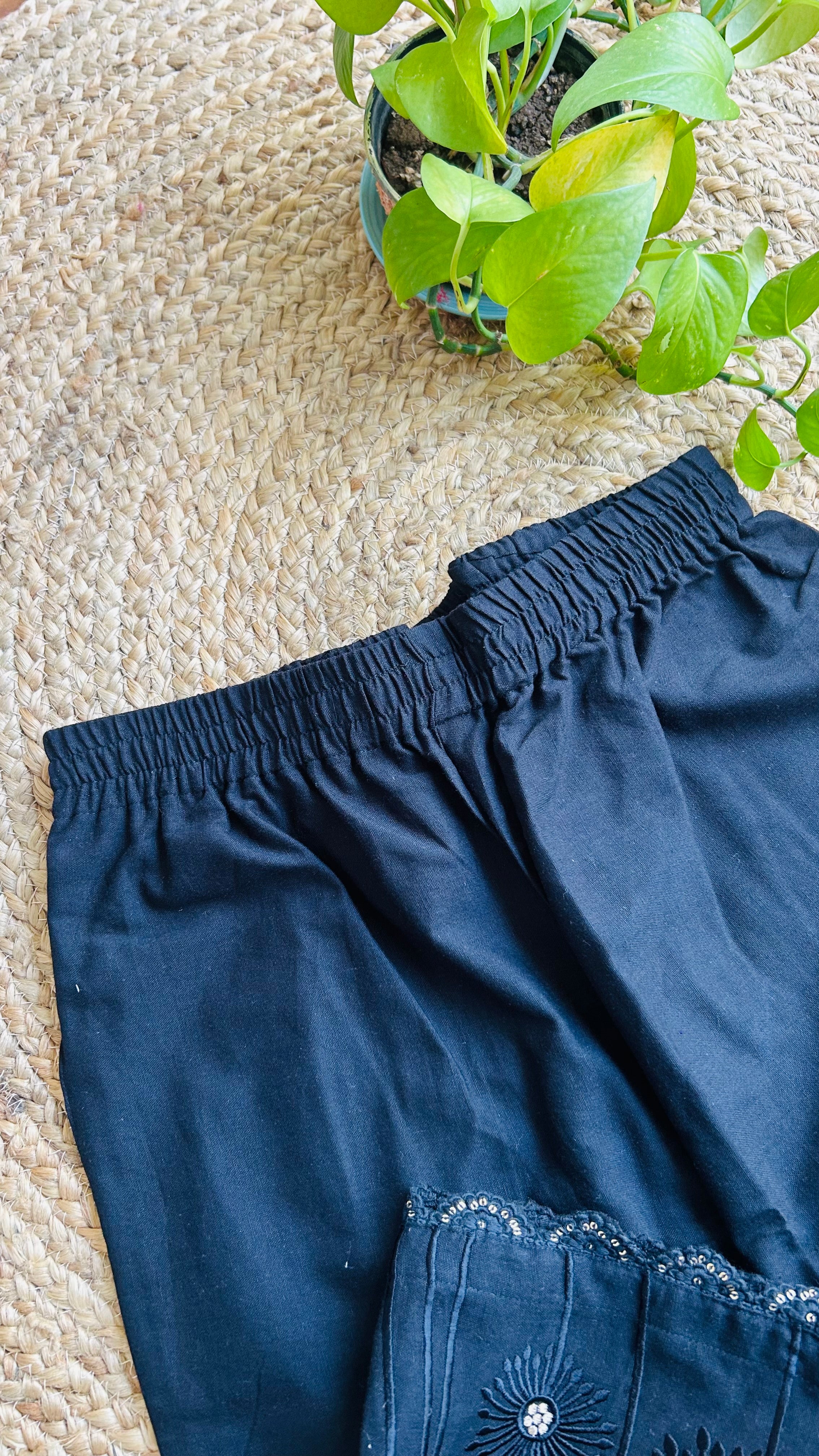 Avika Black Flower Embroidery Straight Pant In Cotton For Women