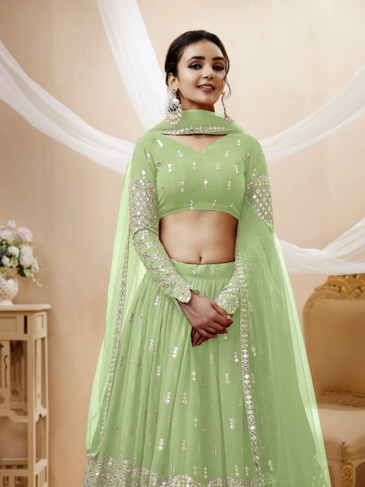 Pastel Pink Lehenga with Mirror Worked Choli and Dupatta – Nameera by Farooq