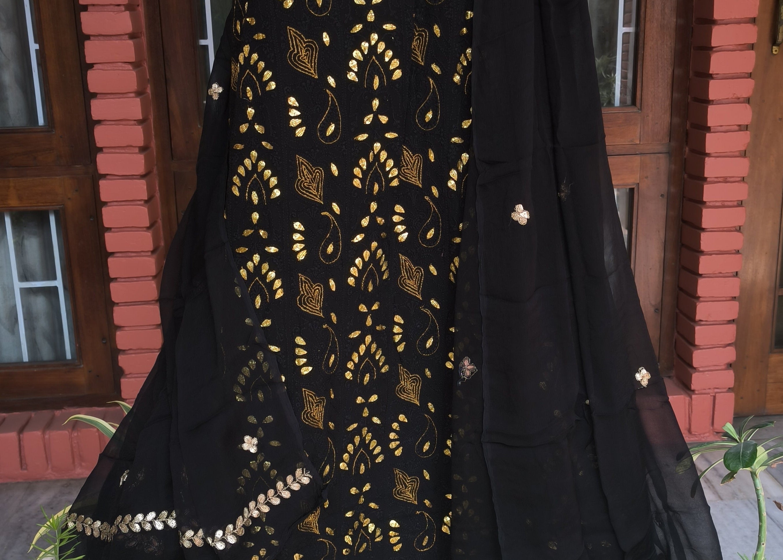 "Shab-e-Kala" Black Lucknowi Chikankari Gota Patti Salwar Suit(Dress Material)