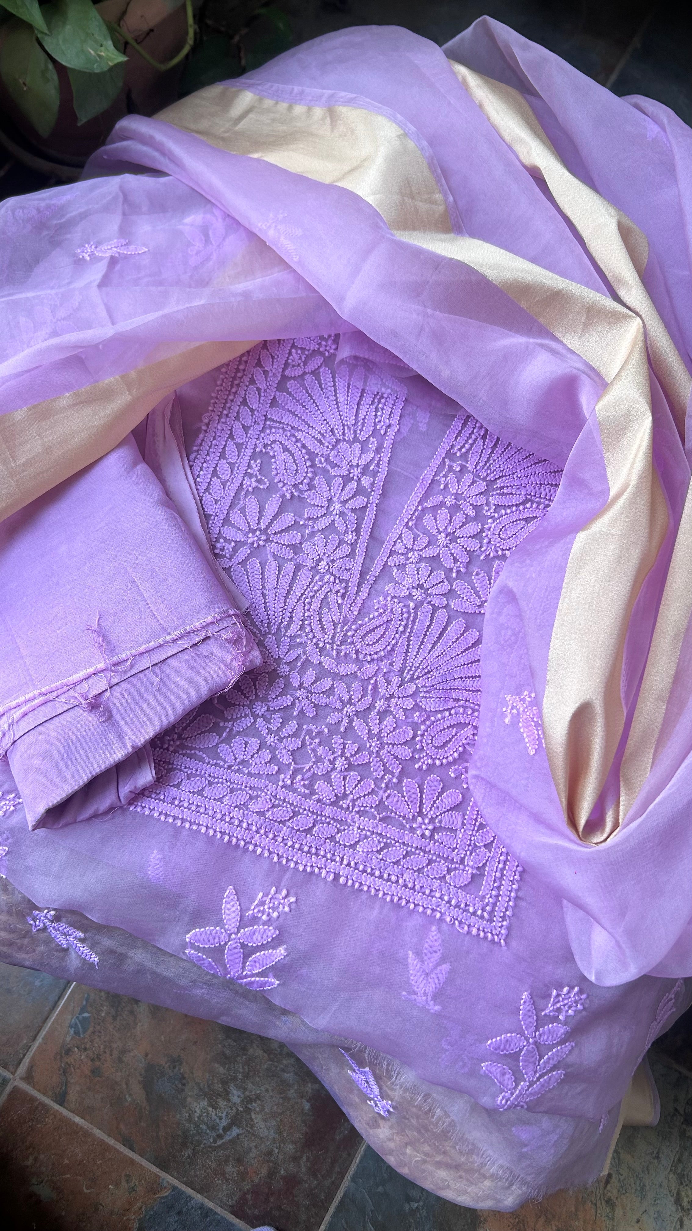 Lavender Purple Chikan work Organza Salwar Suit fabric