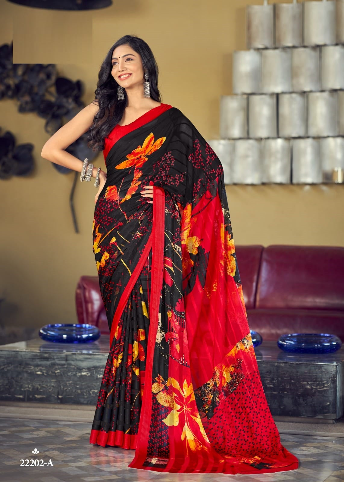 Black Red Satin Georgette Silk Saree