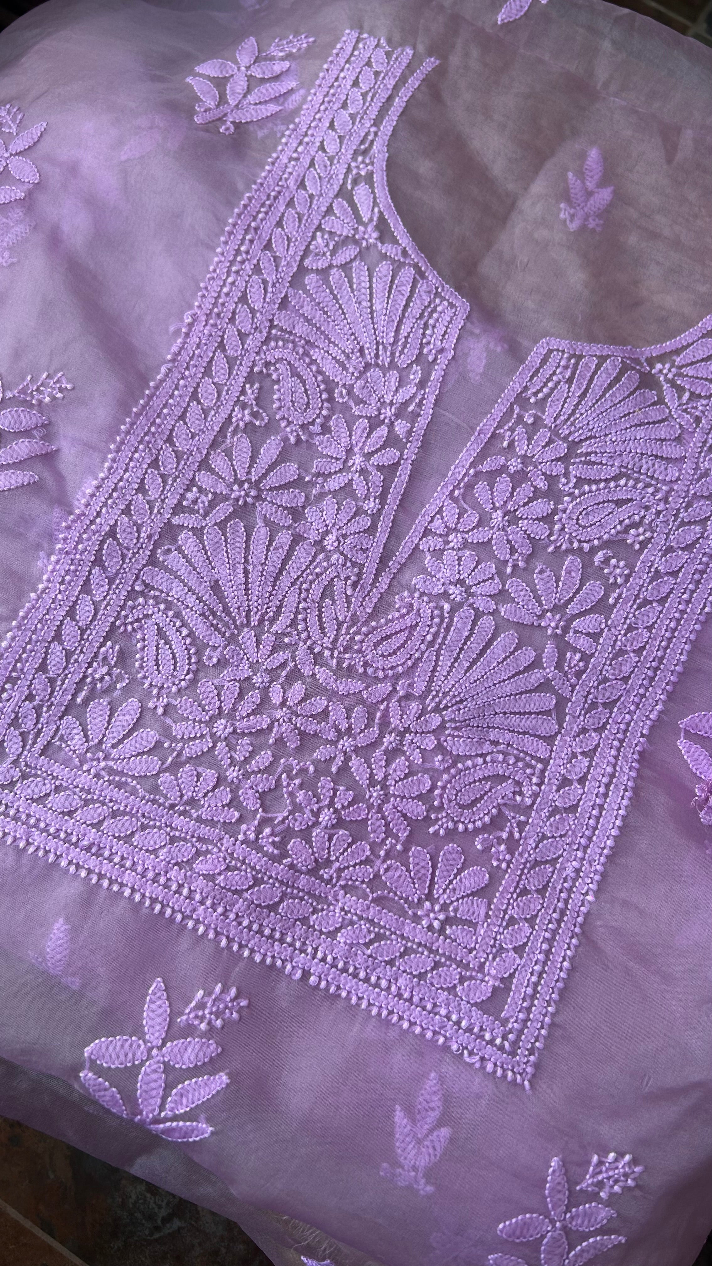 Lavender Purple Chikan work Organza Salwar Suit fabric