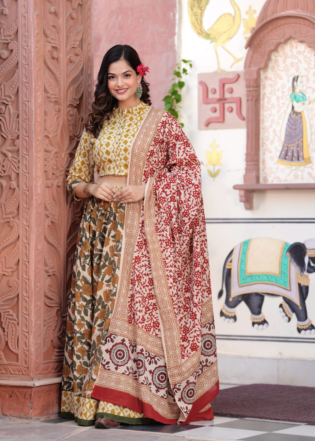 Green Block Print Flora lehenga choli Set