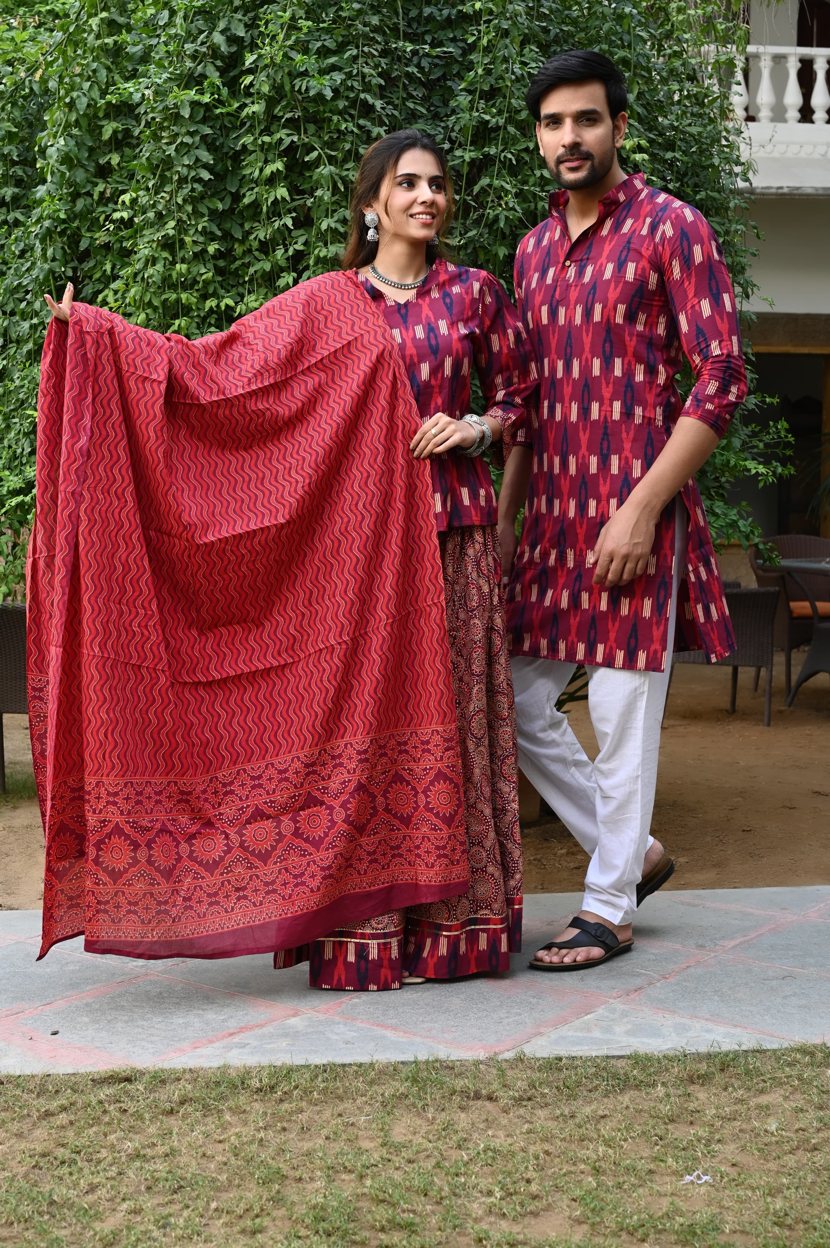 Red Pure Cotton Twinning Couple Set In Block Print