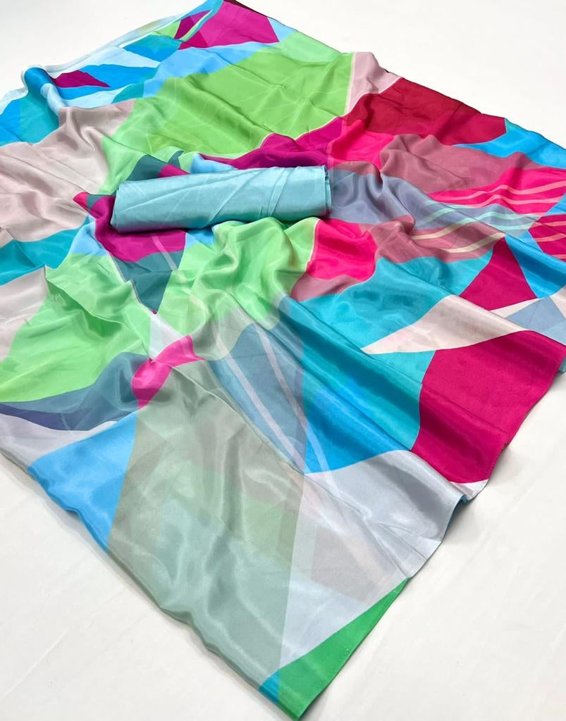 Silk Crepe Digital Print Pink Blue Saree