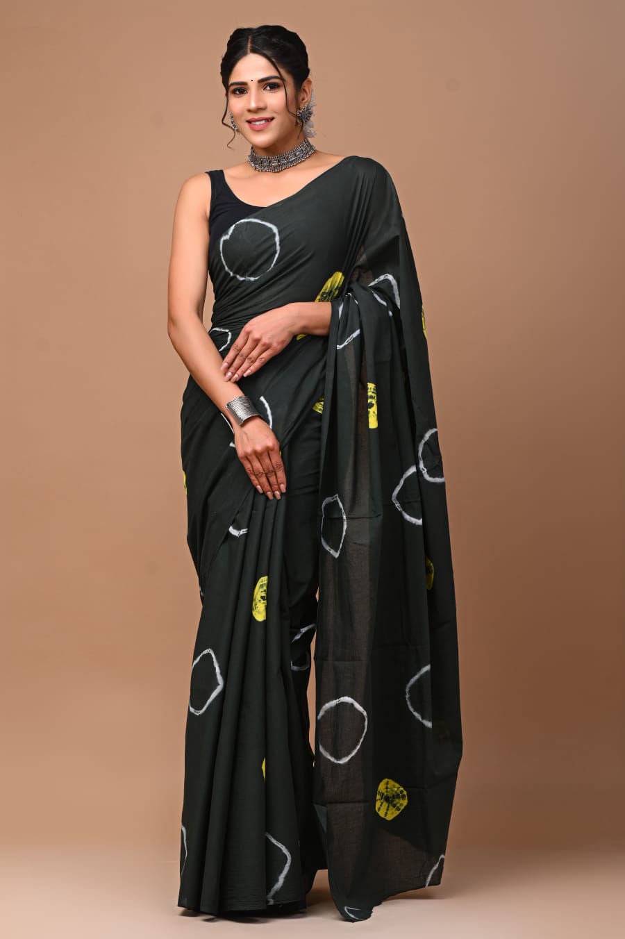 Black Green Hand Block Printed MulMul Cotton Saree