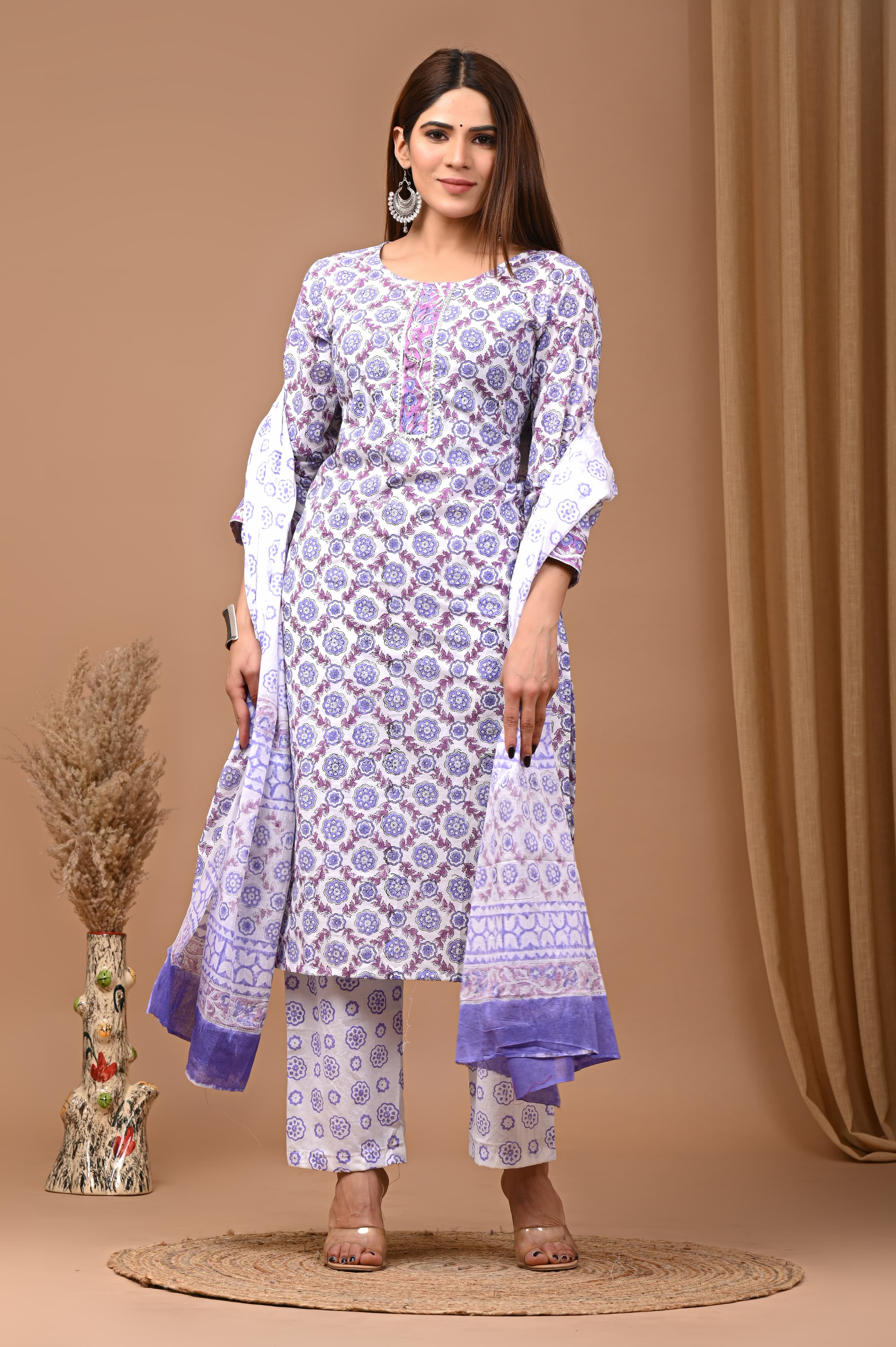 Purple Blue Block Print Suit Set With Dupatta