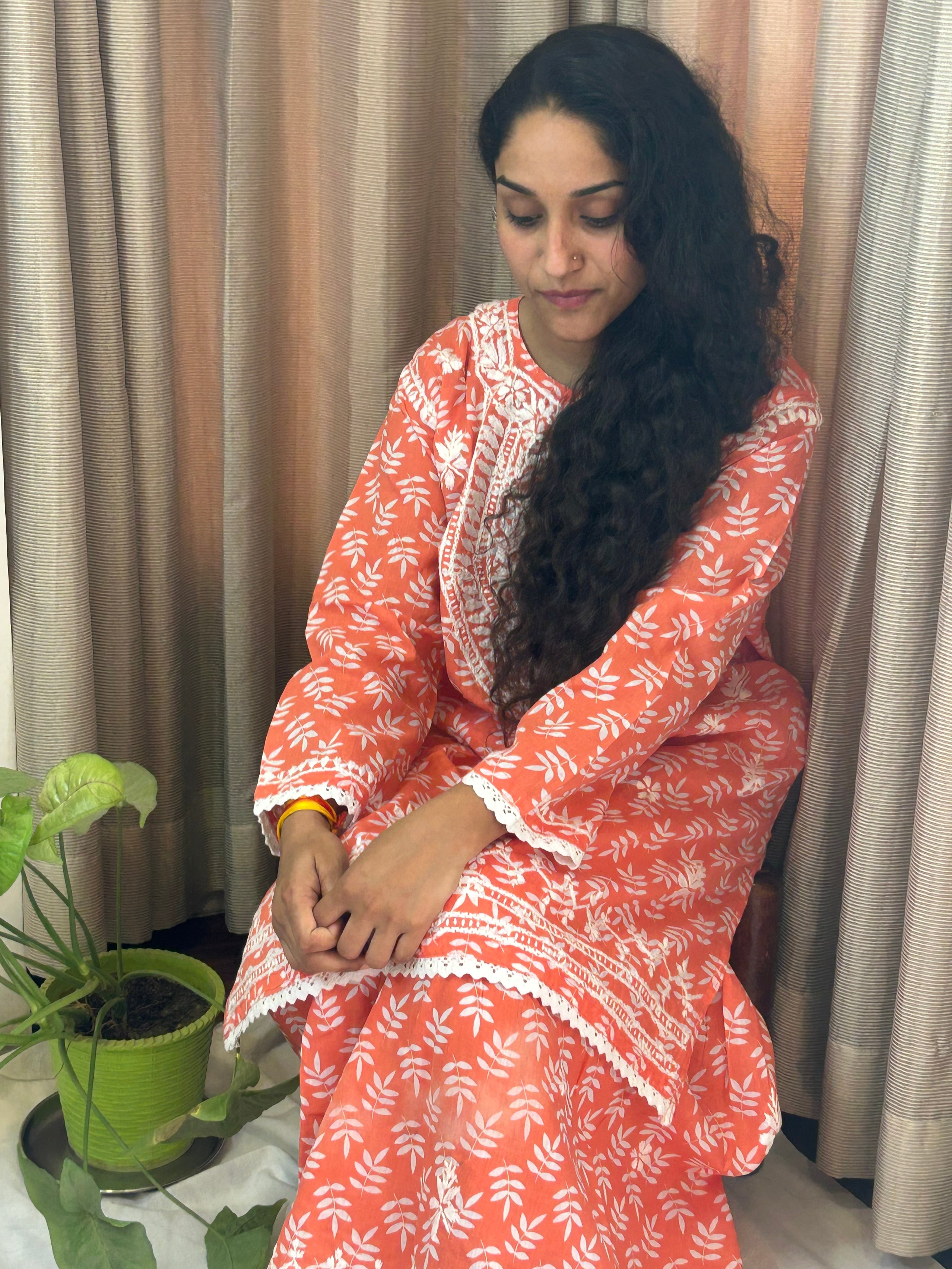 Orange Floral Lucknowi Cotton Chikankari Sharara Set