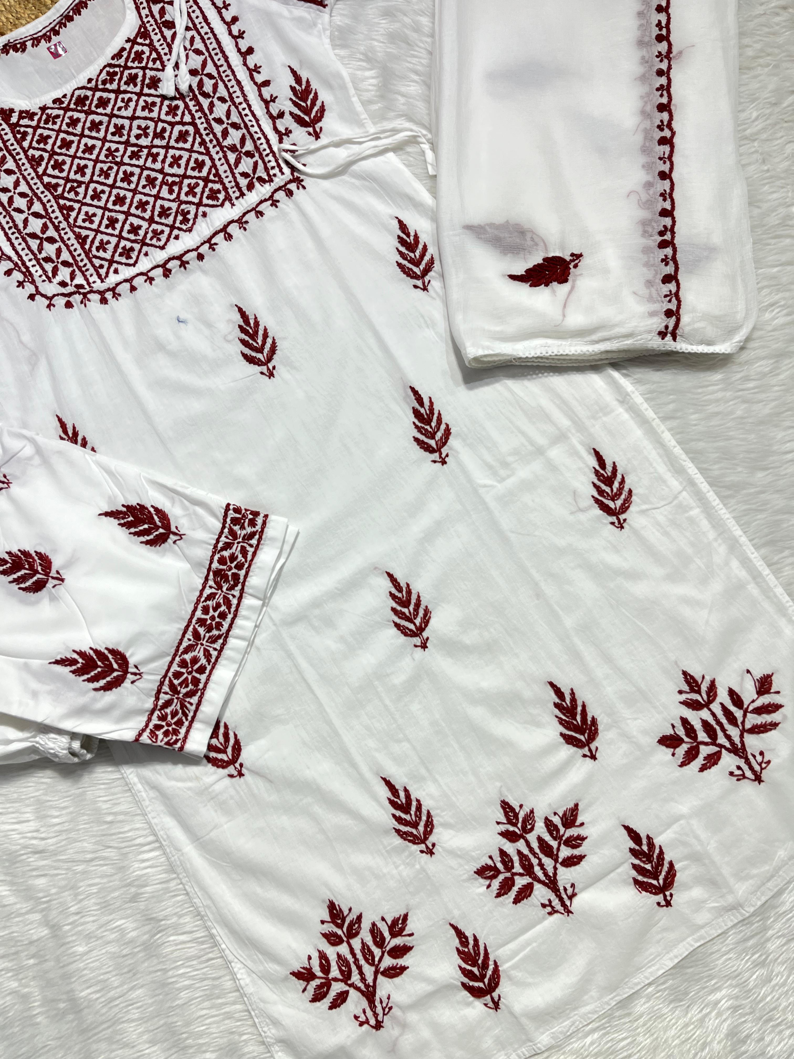 Sahiba White Chikankari cotton Kurti With Pant and Dupatta