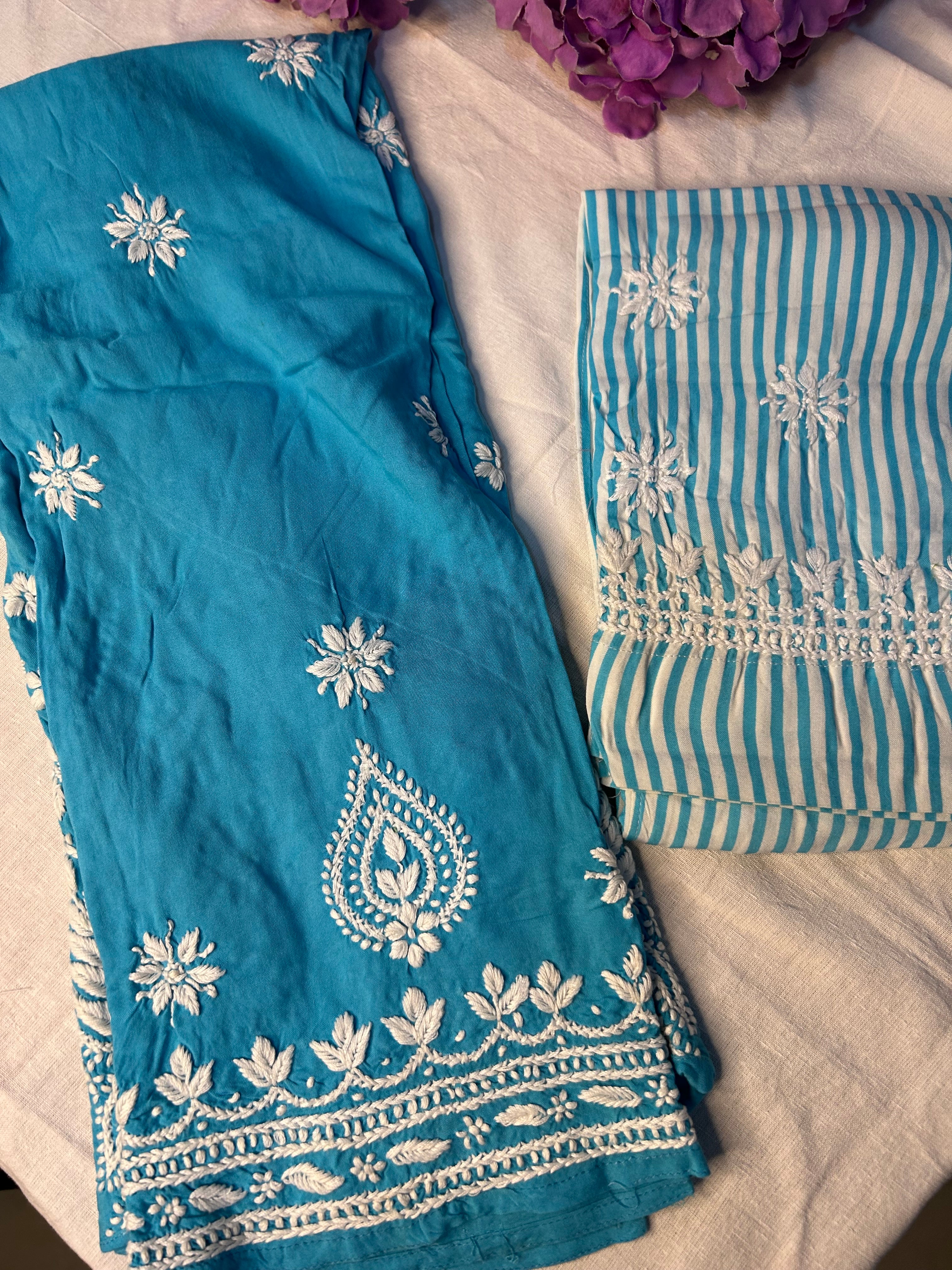 Blue Chikankari Kurti In Rayon With Cotton Stripes Pant