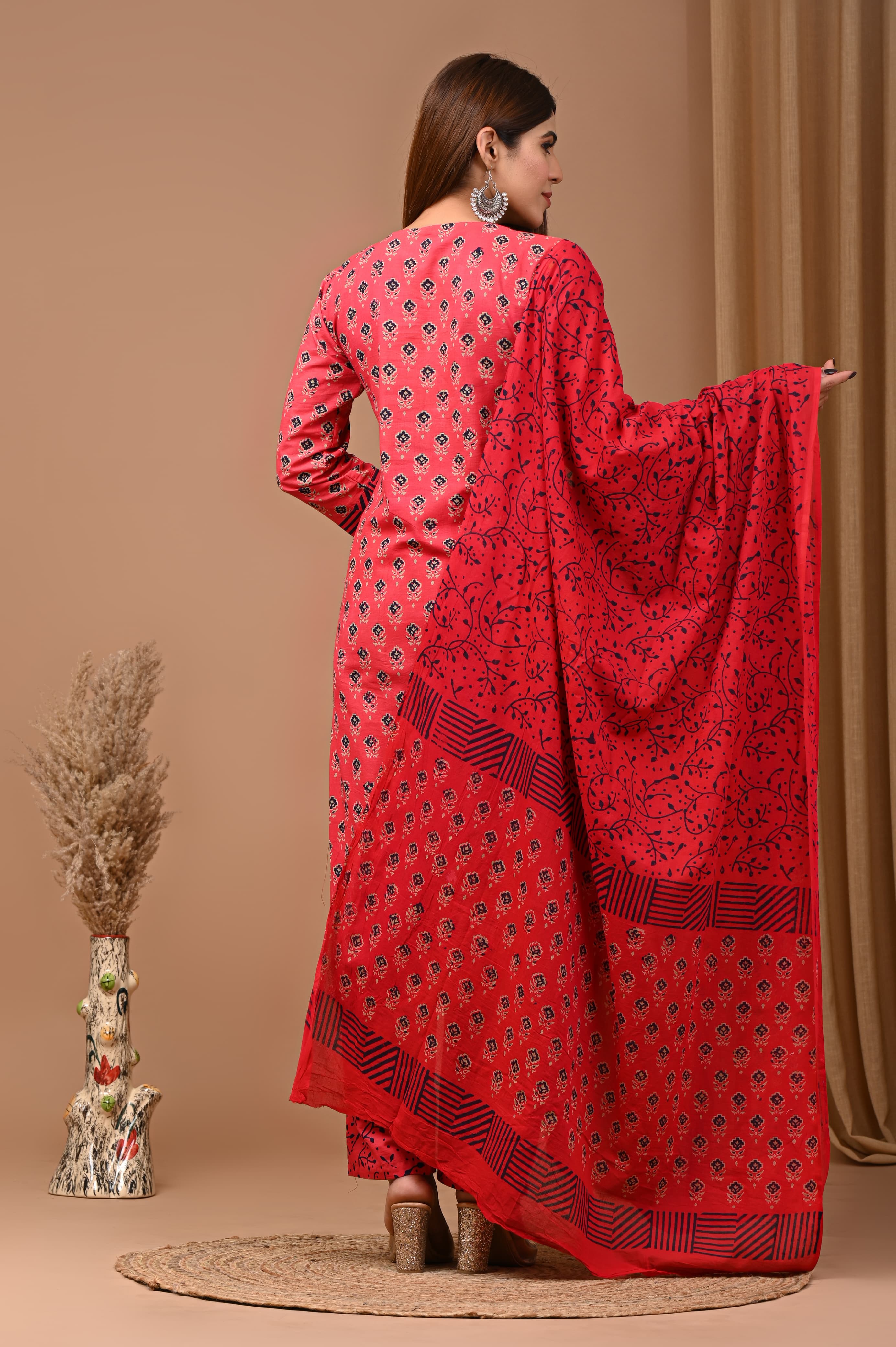 Red Block Print Suit Set With Dupatta