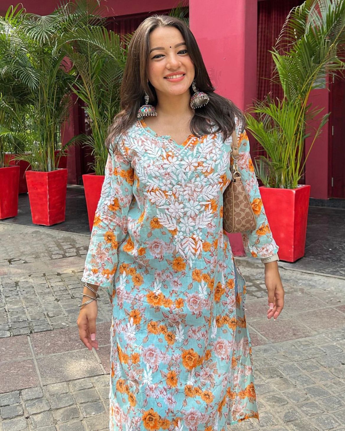 Orange Blue Mul mul cotton chikankari kurti