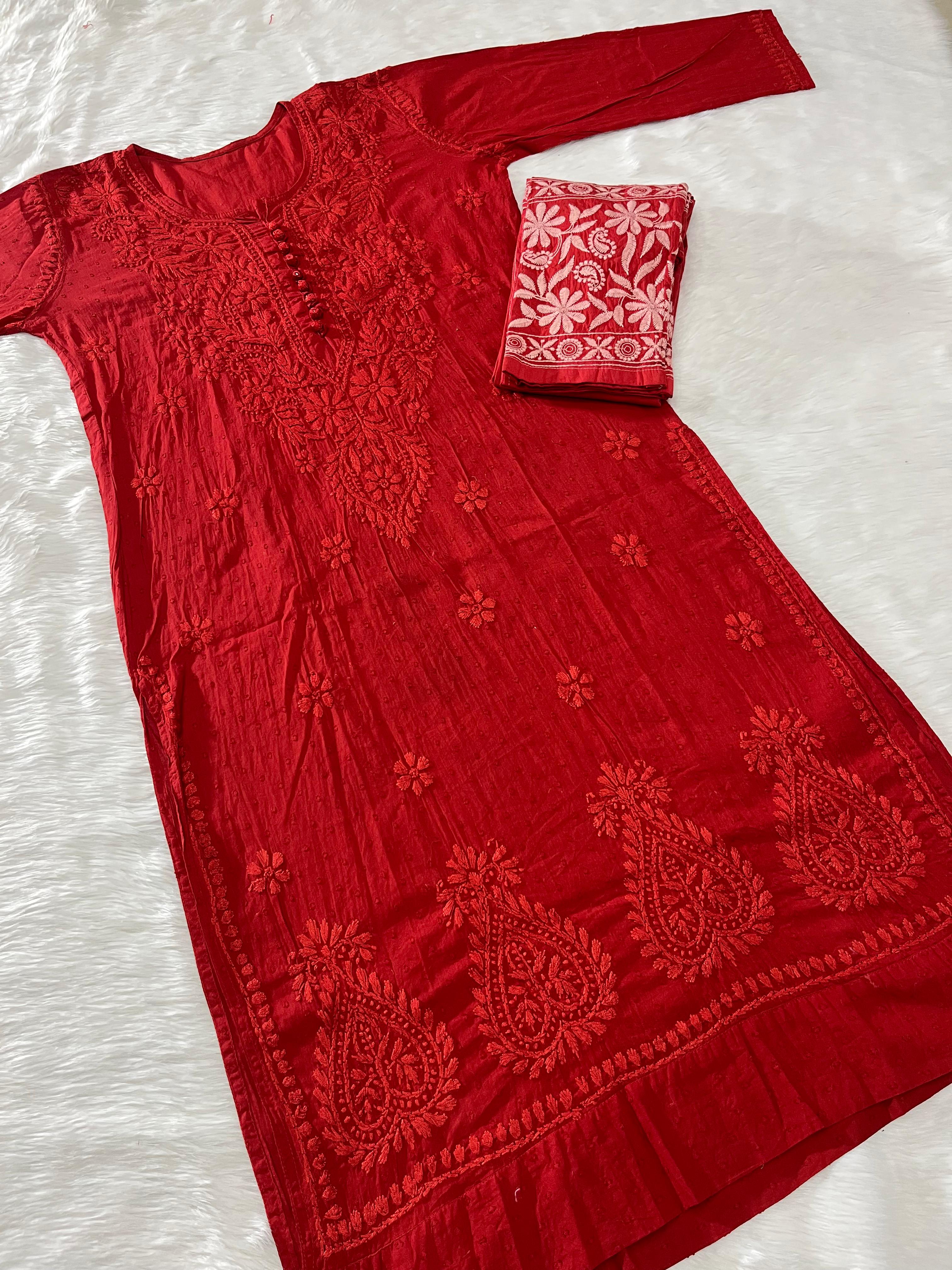 Red Chikankari cotton Kurti With Pant