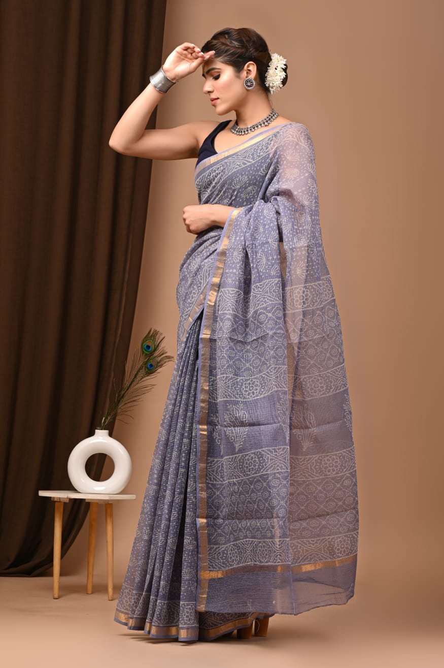 Elegant Gray Kota Doria Traditional Print Saree