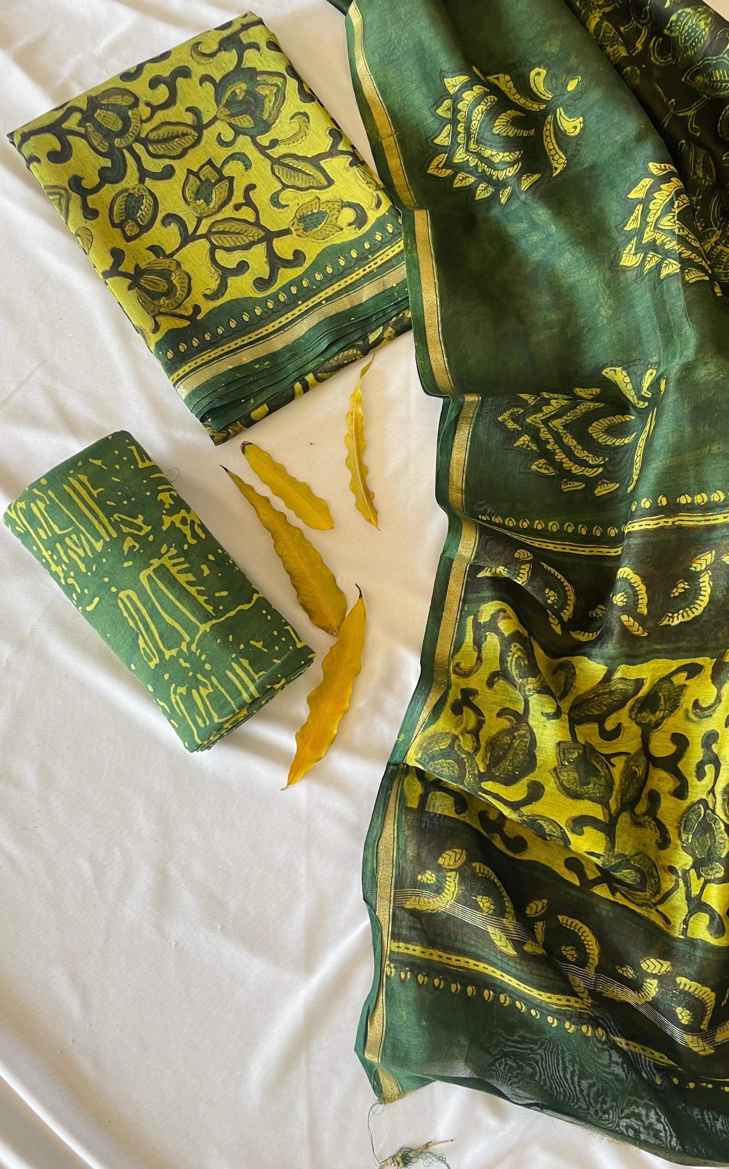 Yellow and Green Ajrakh Print Salwar Suit in Chanderi Fabric  ( Unstitched)