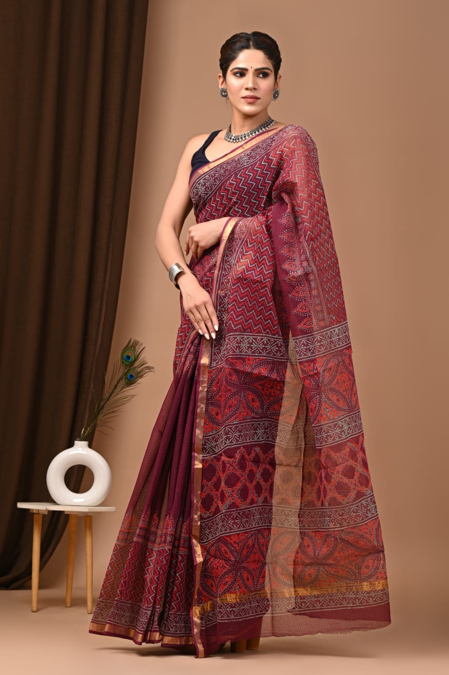 Trending Striped Red Kota Doria Traditional Print Saree