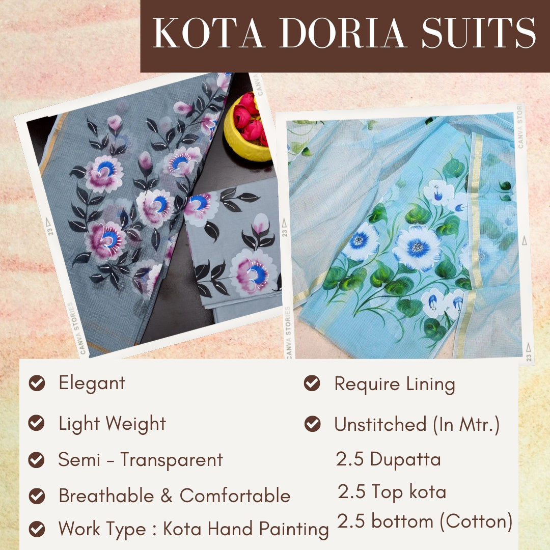 Blue Hand Painted Kota Doria Suit With Dupatta