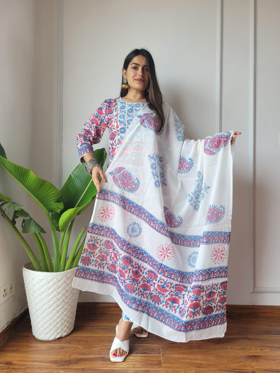 Pure White Block Print Suit Set And Dupatta