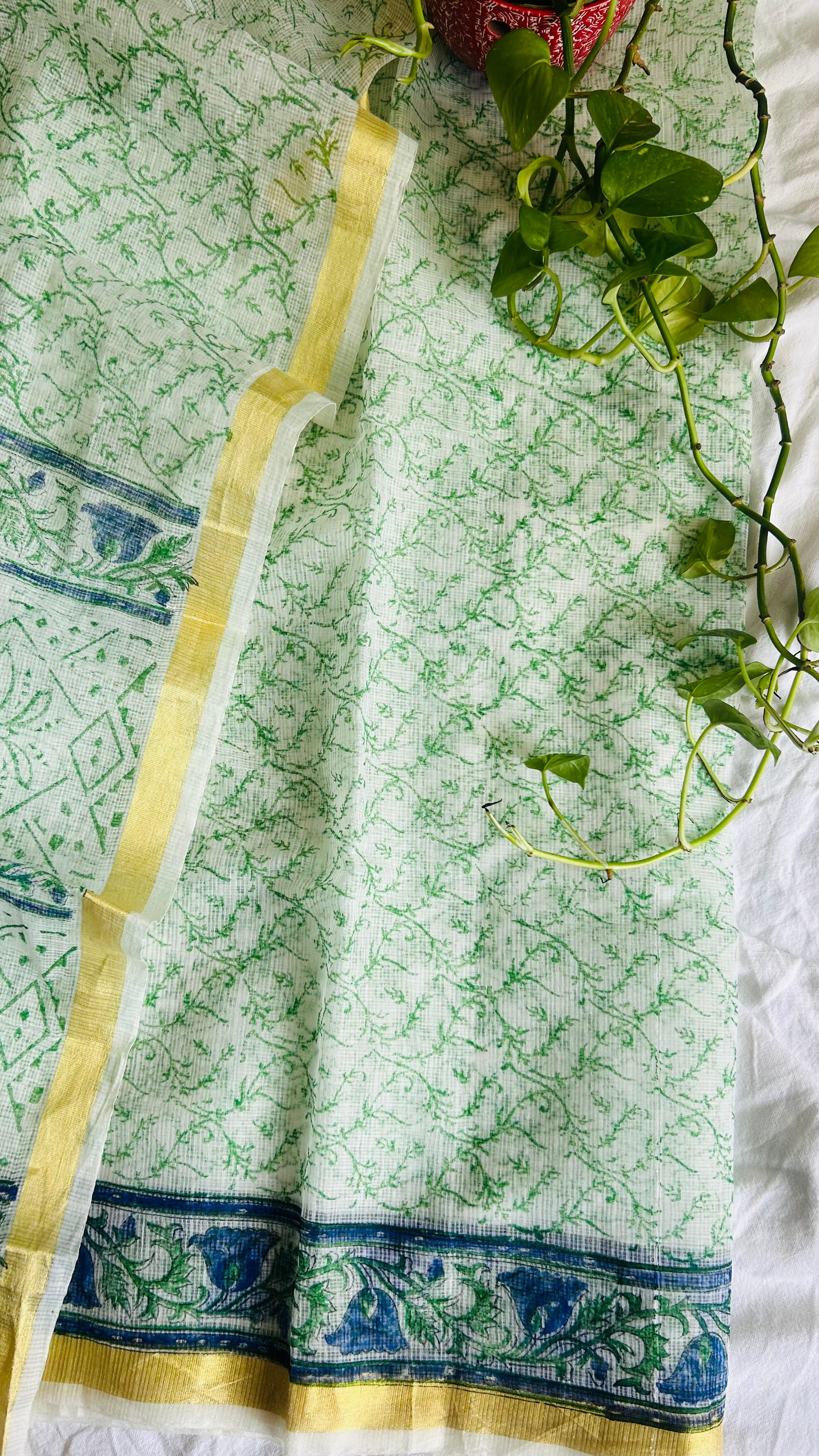 Summer Look Kota Doria Hand Block Print Suit In White (unstitched)